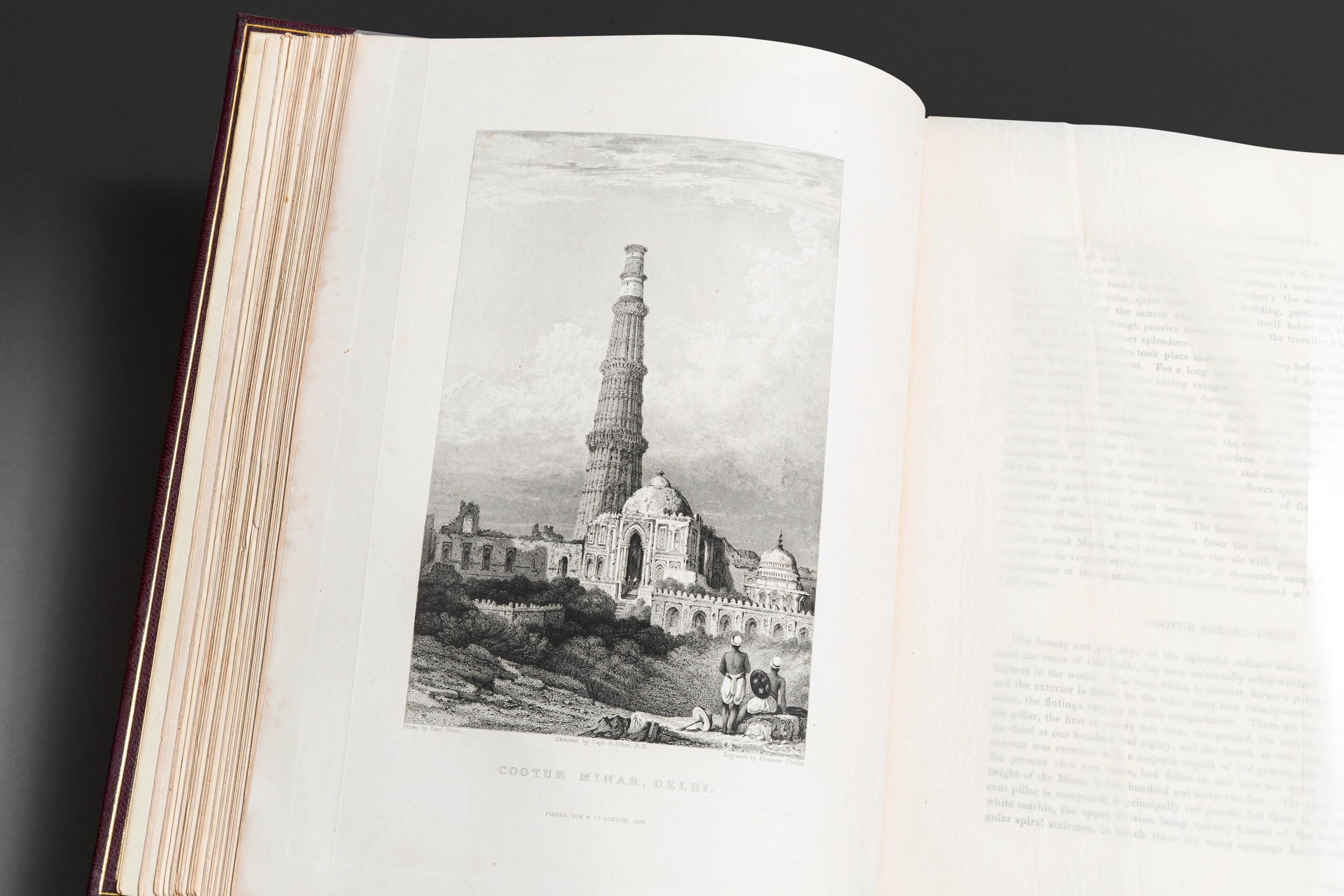 1 Volume. Emma Roberts. Views In India, China, And on the shores of the Red Sea. 2 Volumes Bound Into One,
color frontispiece, 2 additional engraved titles, and 6 engraved plates by Prout, Stanfield, Cattermole, Cox etc.
after Robert Elliot. Bound