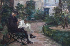 Cuadro antiguo al óleo de un paisaje: un parque o patio francés con una mujer cosiendo