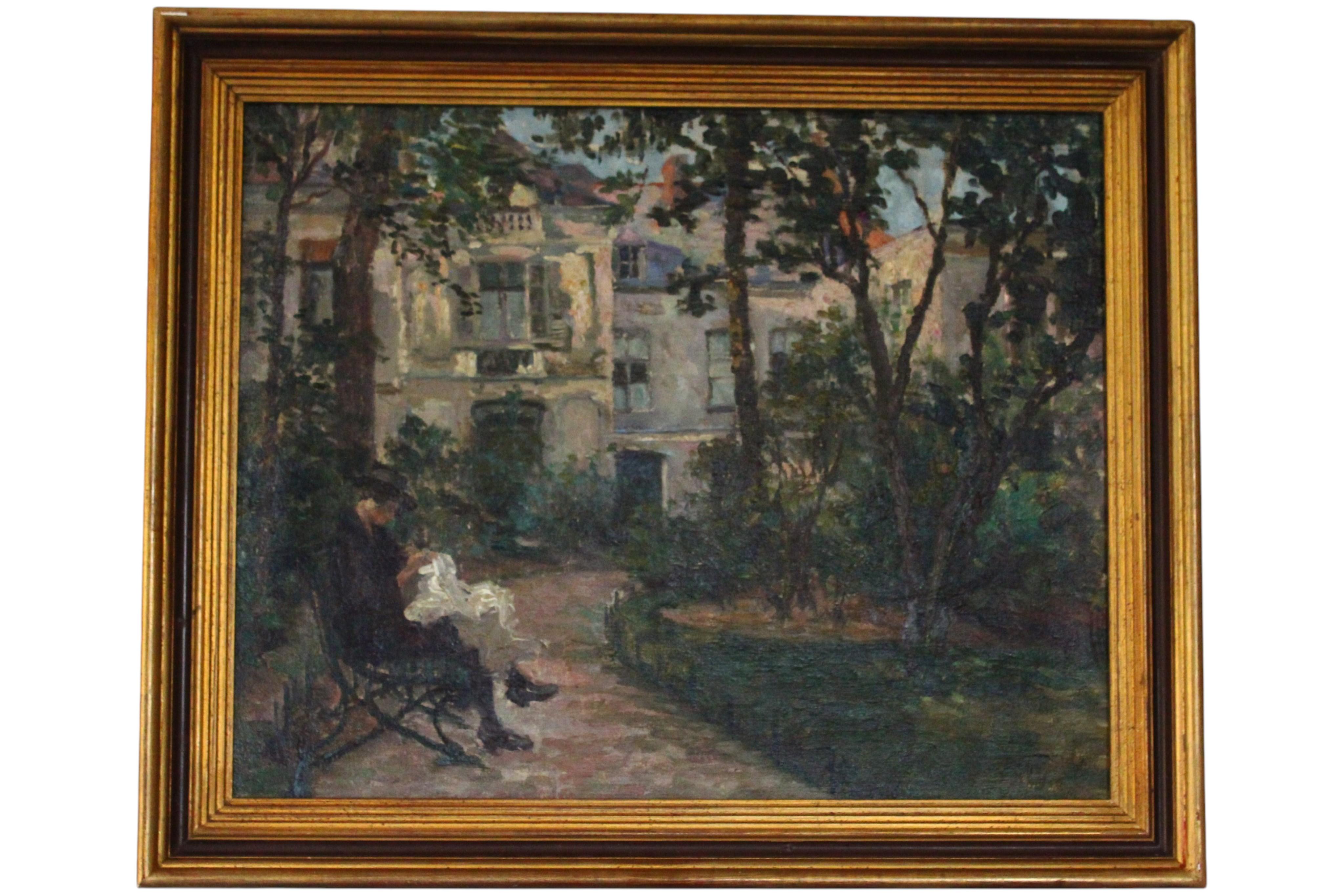 "Au Coin Du Square St Pierre", olio su tela, firmato, 1920, scena francese