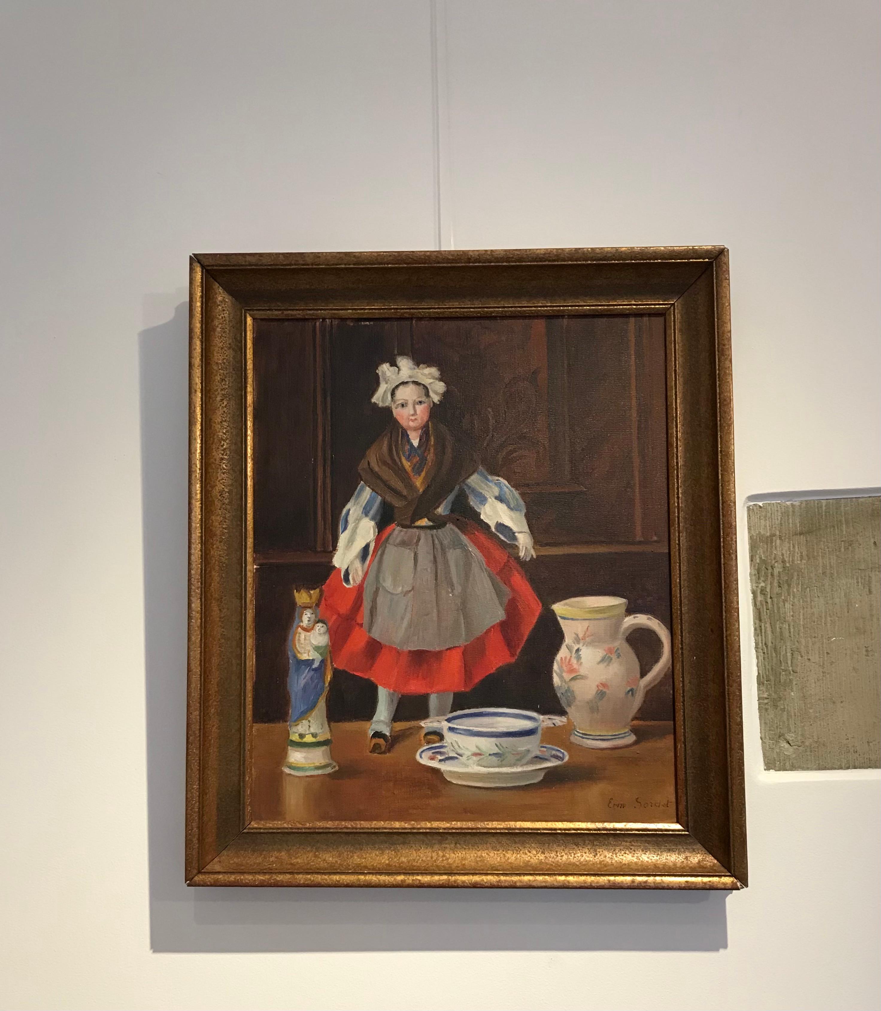 Poupée de table en robe folklorique d'Emma Sordet - Huile sur carton 38x46 cm en vente 1