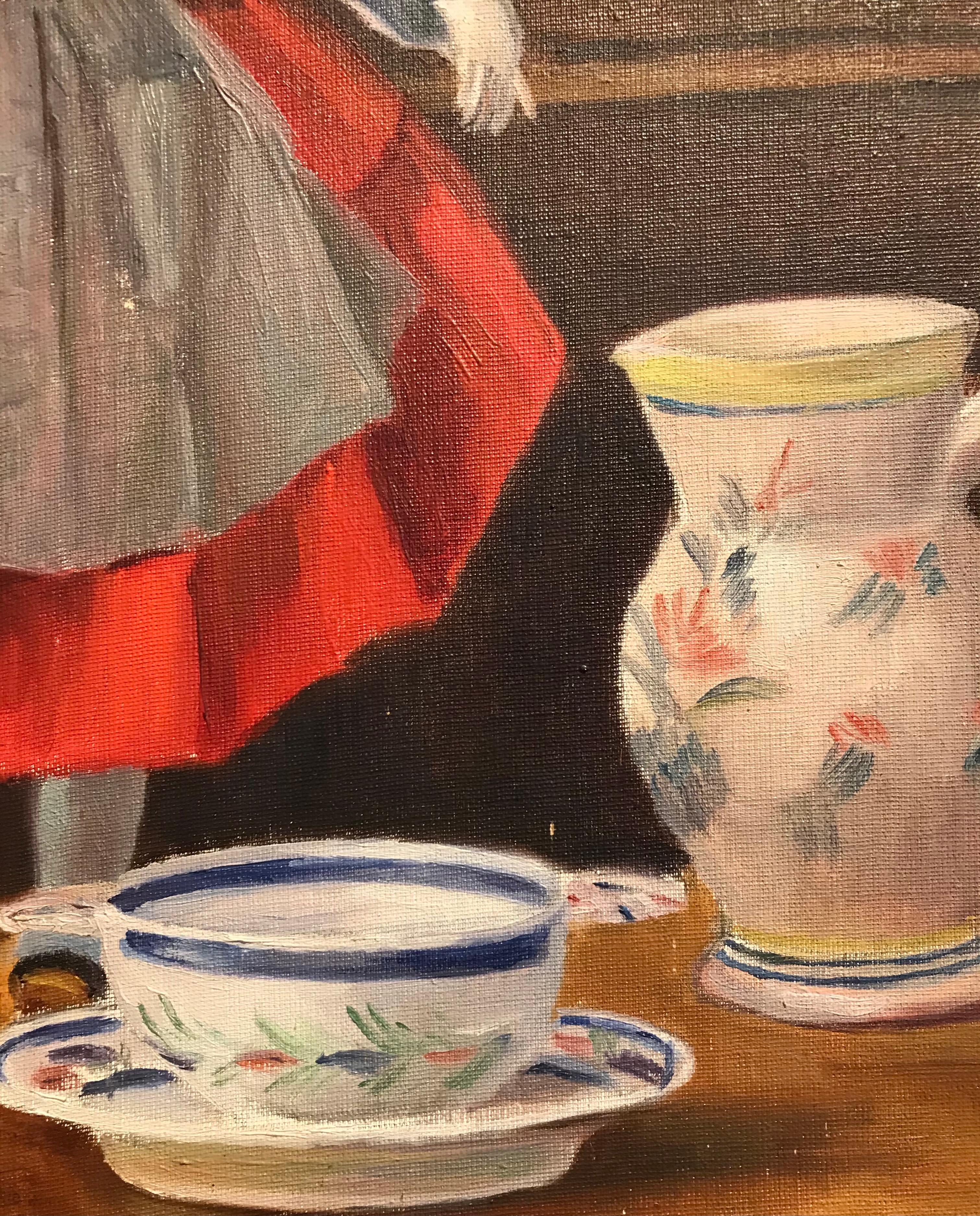 Poupée de table en robe folklorique d'Emma Sordet - Huile sur carton 38x46 cm en vente 5