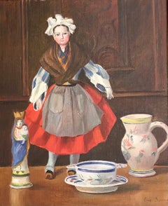 Vintage Table doll in folk dress by Emma Sordet - Oil on cardboard 38x46 cm