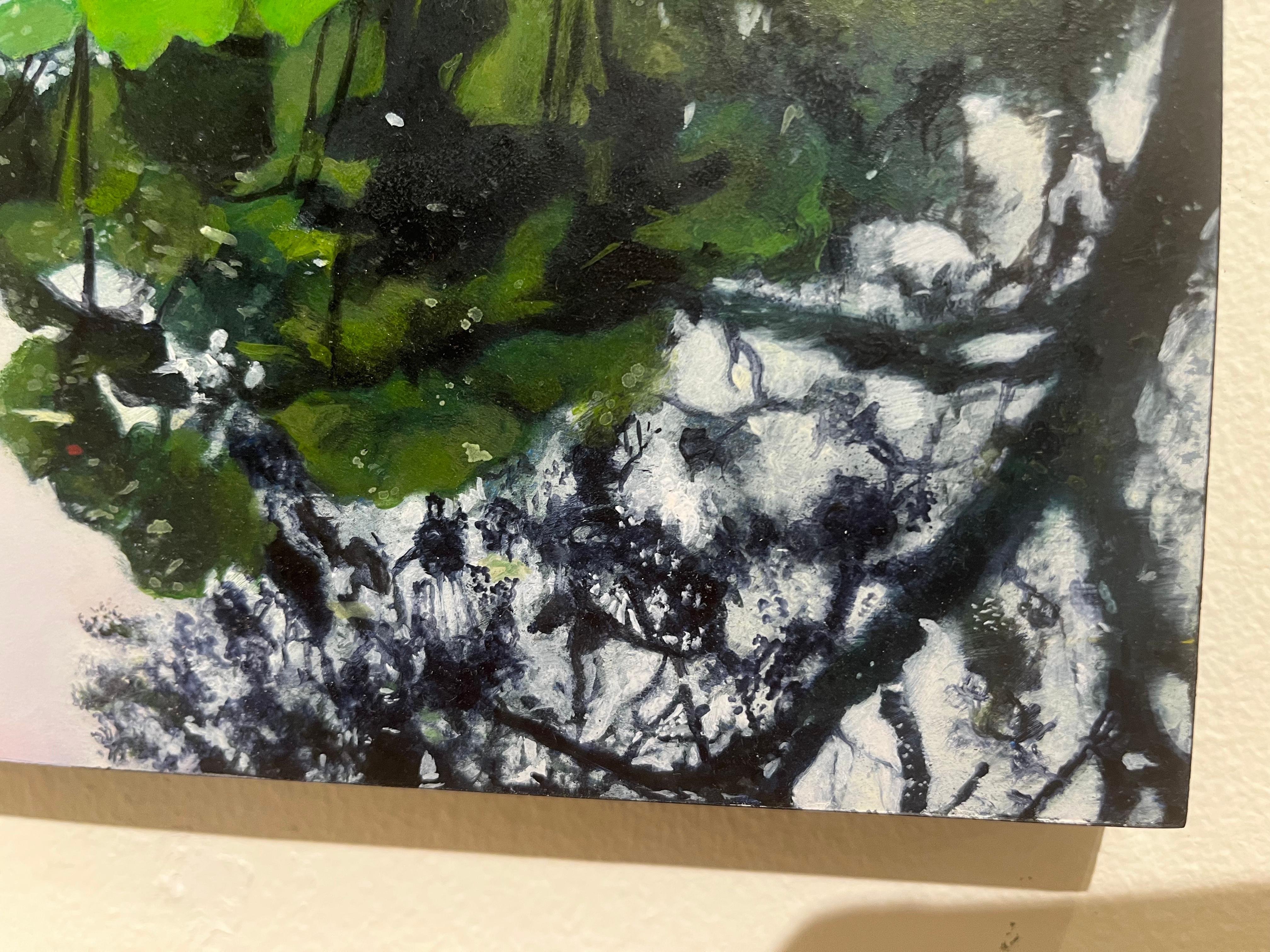 Madison Square Park, Flatiron Building, kleine Landschaft, die sich im Wasser spiegelt (Impressionismus), Painting, von Emma Tapley