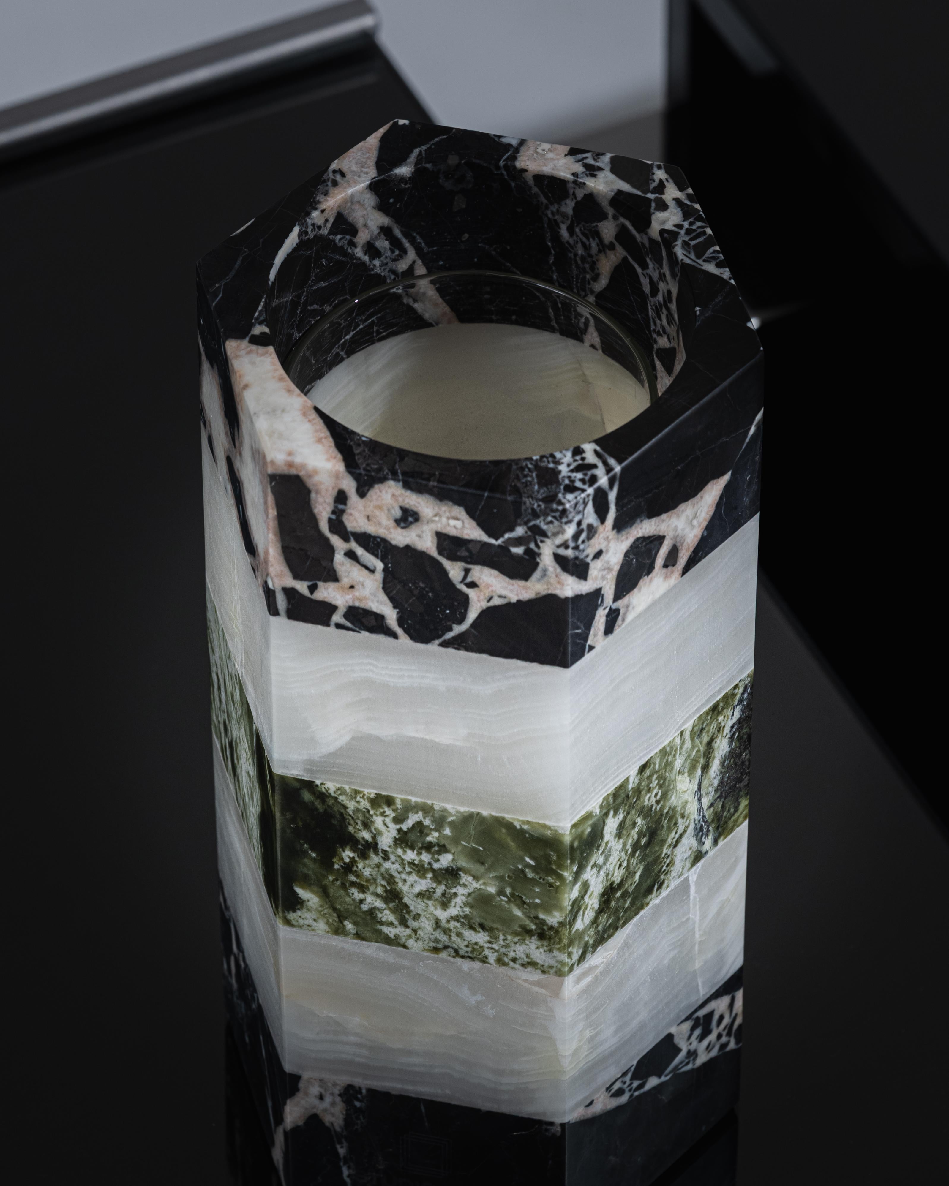 Post-Modern Emma vase in marble, white and green onyx, by Studio Gaïa For Sale