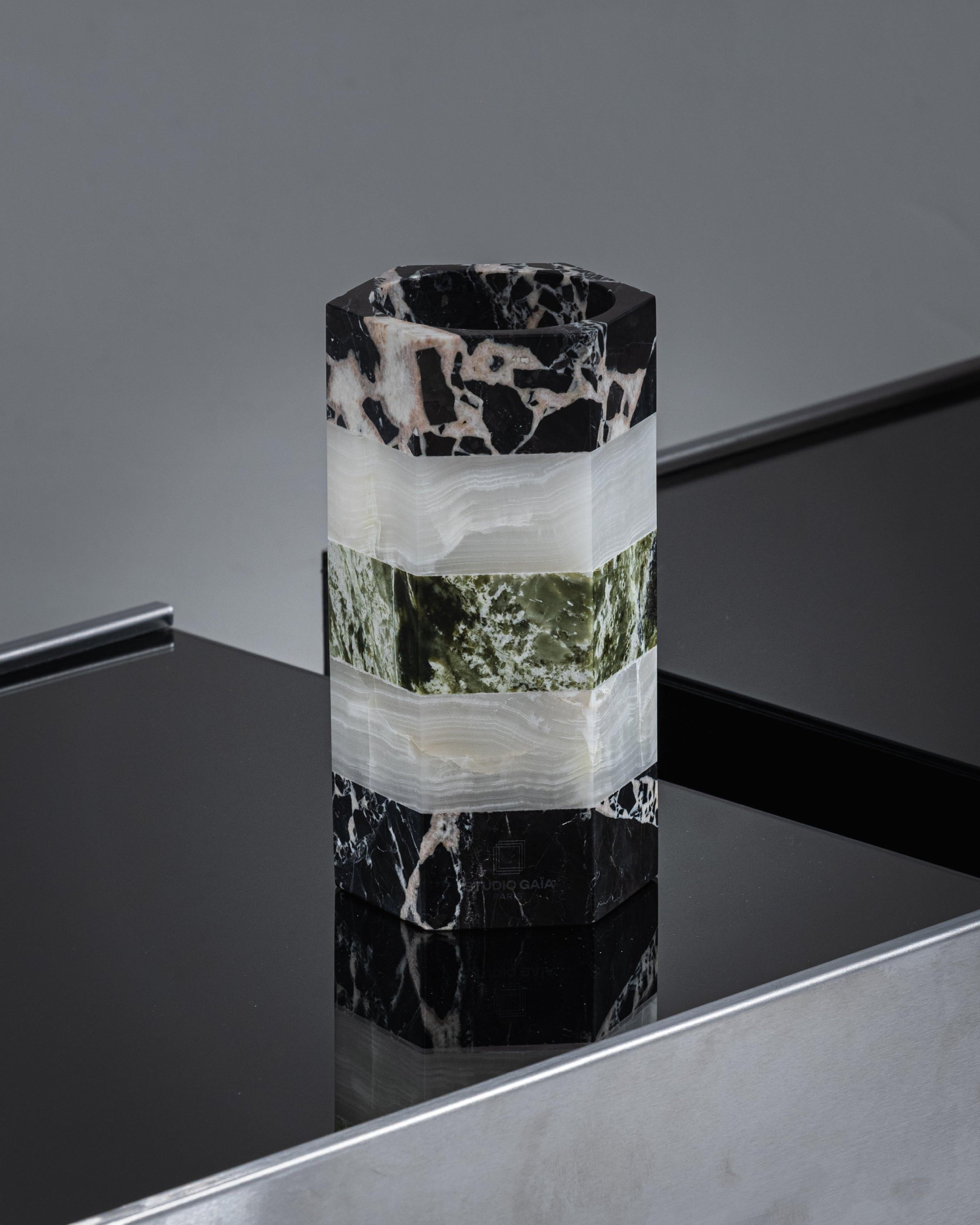 European Emma vase in marble, white and green onyx, by Studio Gaïa For Sale