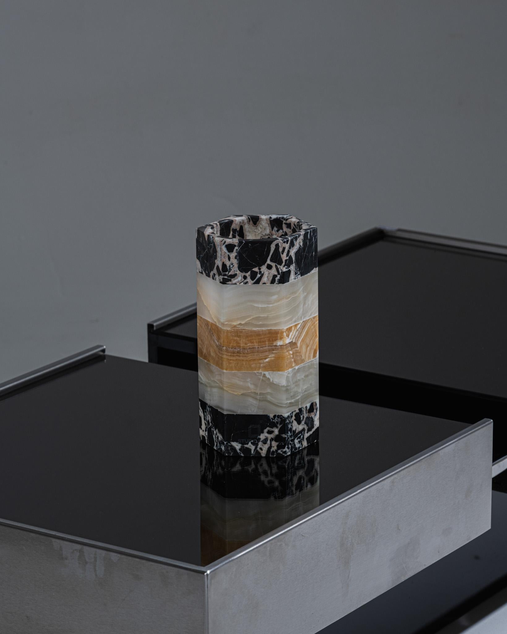 Post-Modern Emma vase in marble, white and orange onyx For Sale