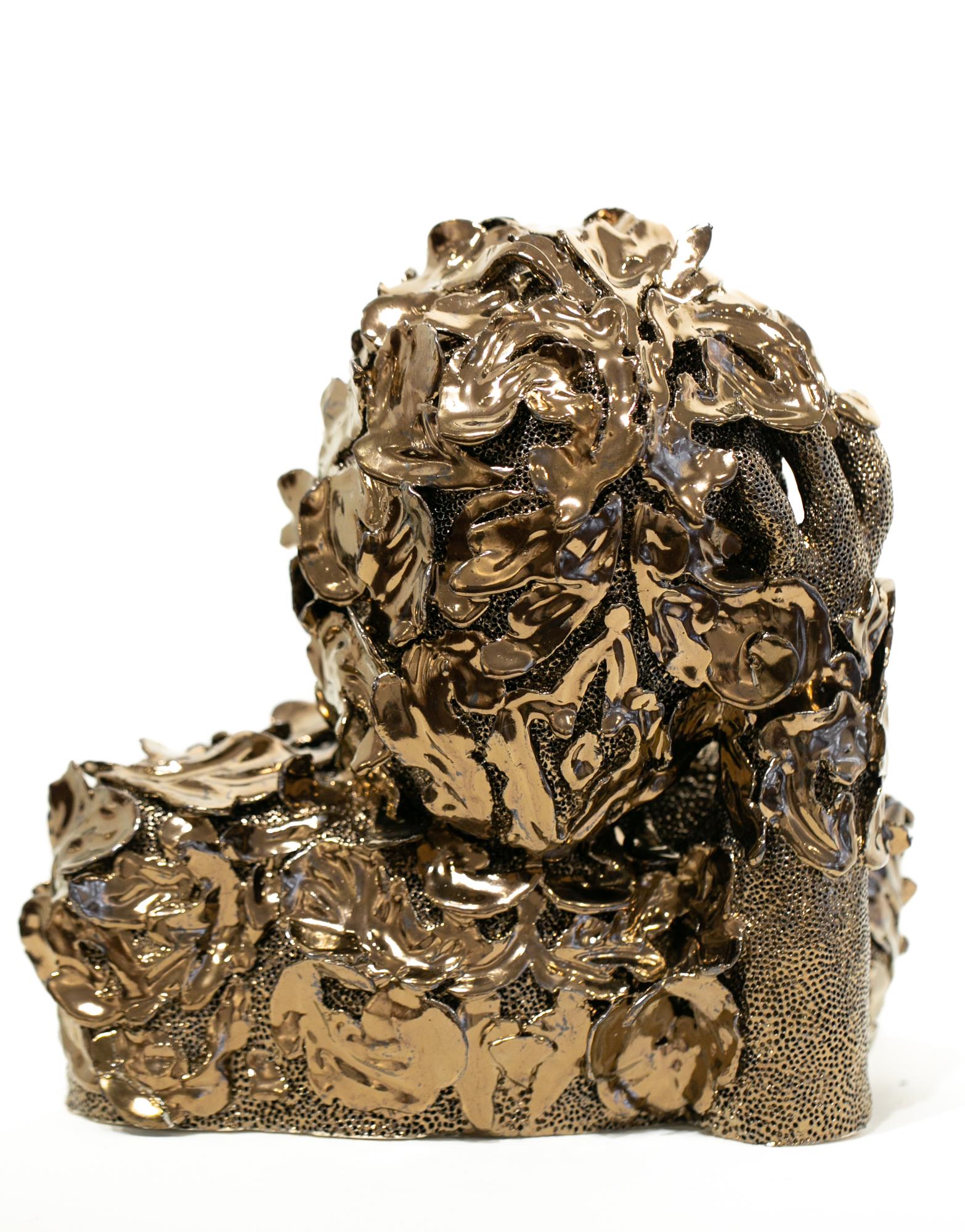 Emma Vidal Figurative Sculpture - "Swann", Metallic Floral Motif Ceramic Abstracted Bust Sculpture