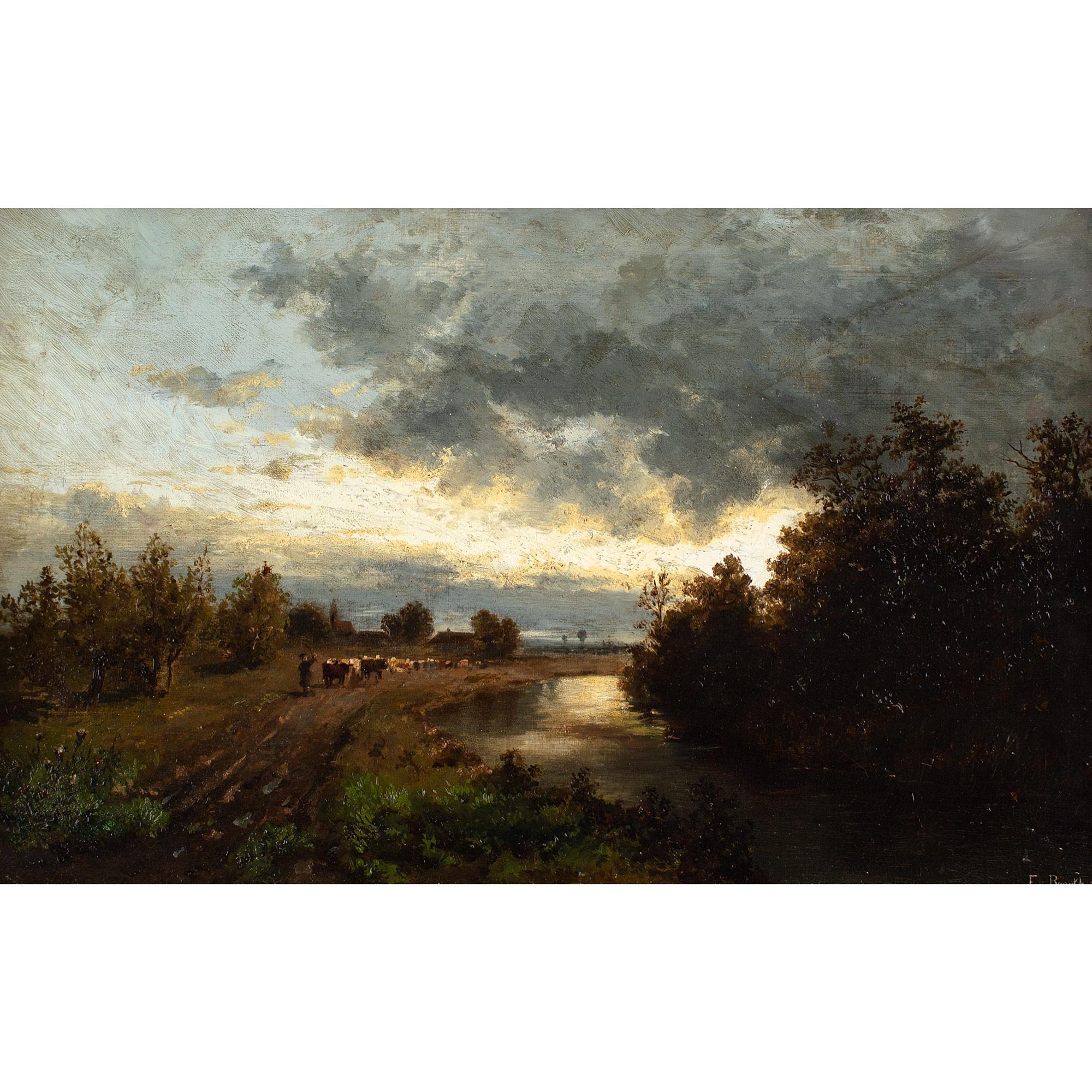Emma Von Boeckh, Paesaggio fluviale con bestiame e mandriano, pittura a olio 1