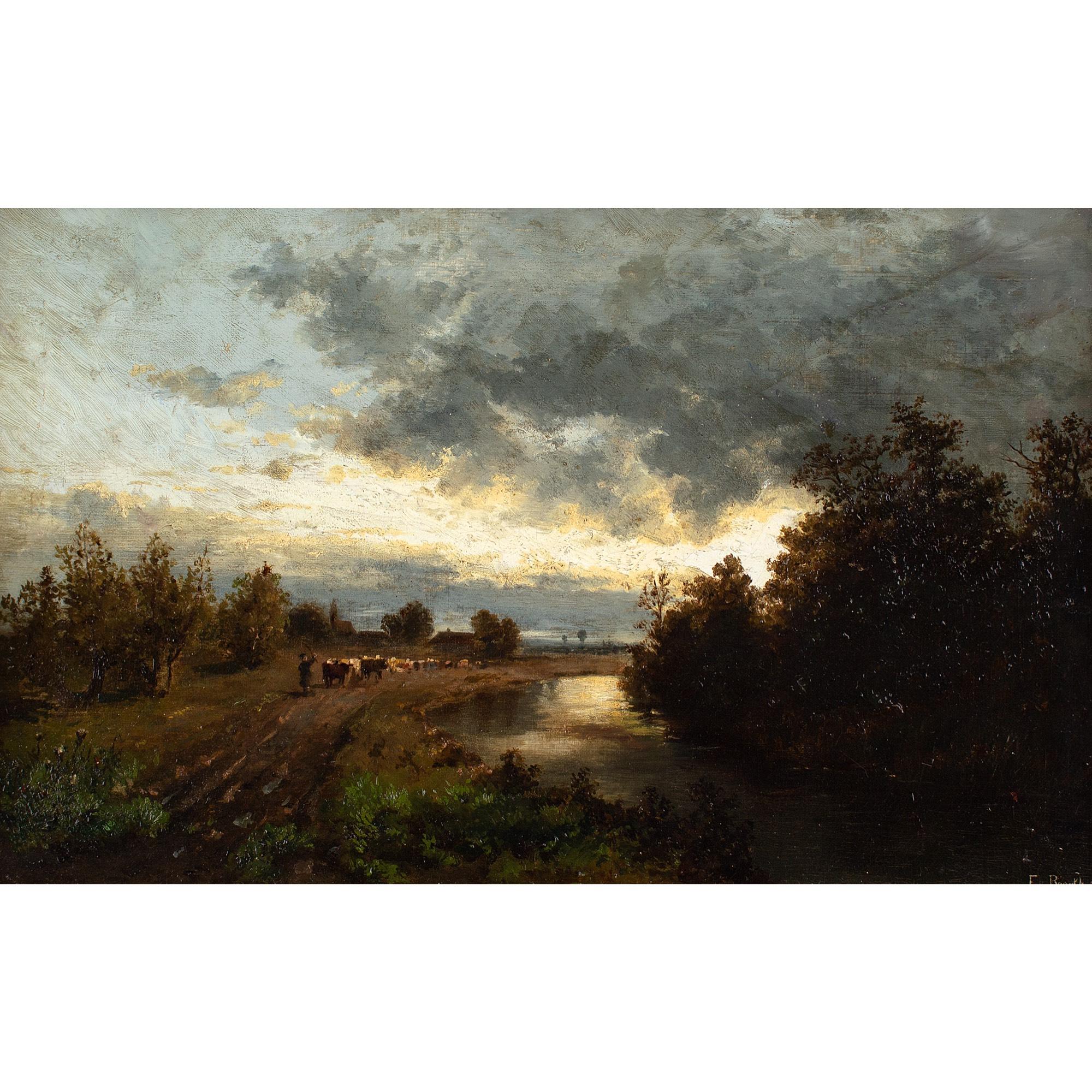 This late 19th-century oil painting by German artist Emma von Boeckh (fl.1877-1895) depicts a stormy landscape with a river, cattle and drover.

Dense clouds partially obscure a late sun, which flickers upon a winding river. Cattle amble through the