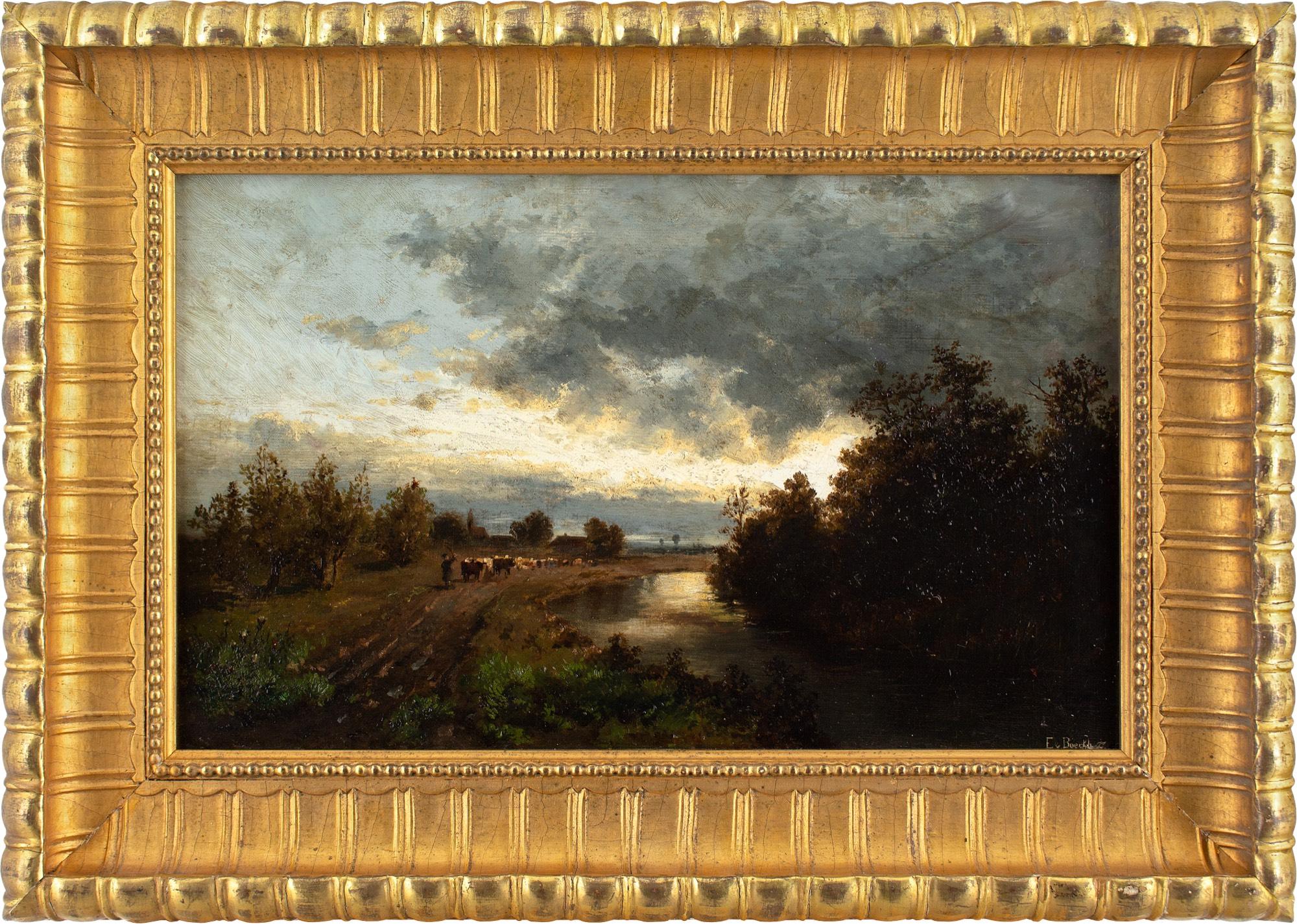 This late 19th-century oil painting by German artist Emma von Boeckh (fl.1877-1895) depicts a stormy landscape with a river, cattle and drover.

Dense clouds partially obscure a late sun, which flickers upon a winding river. Cattle amble through the