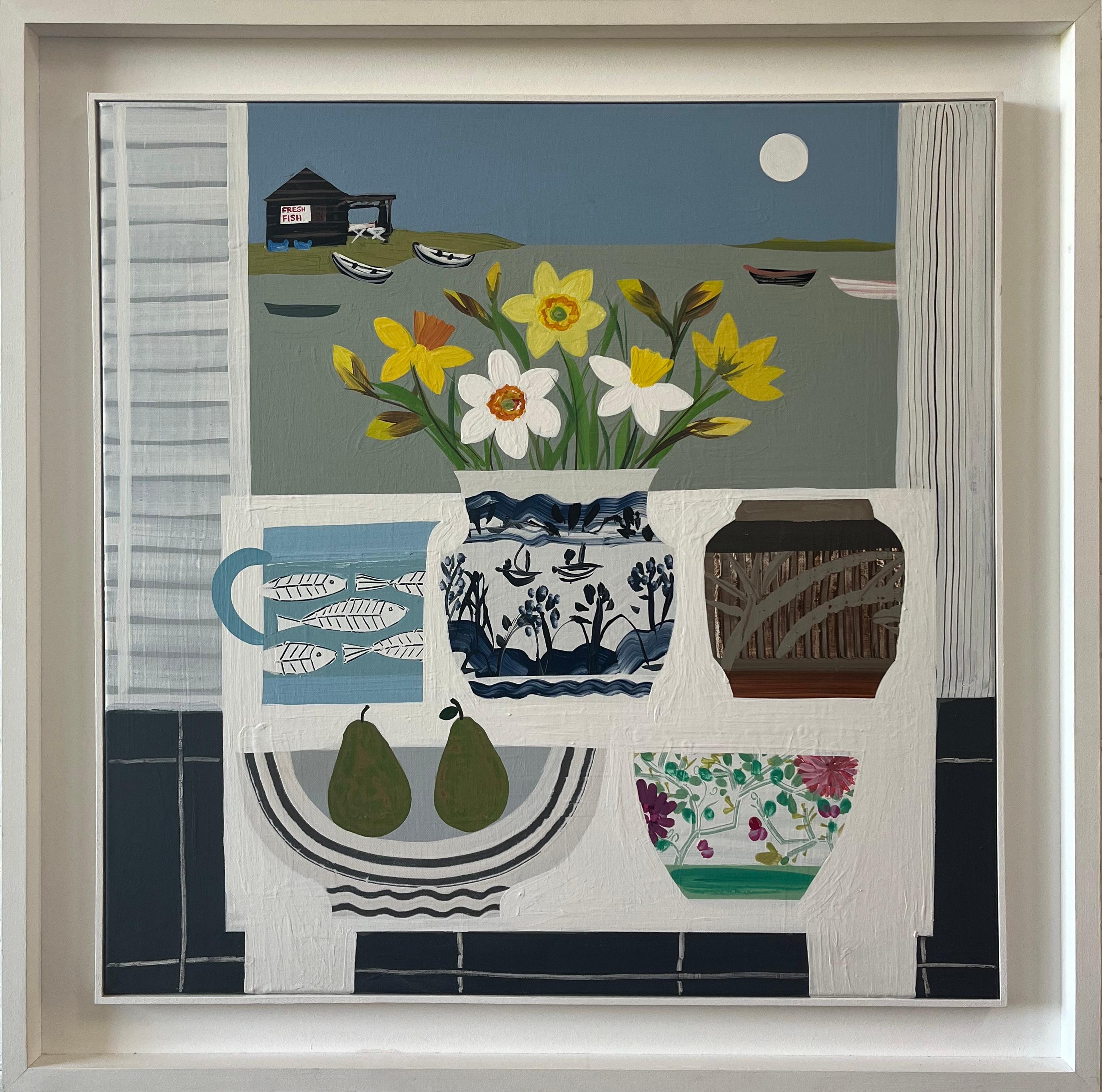 Large Modern British Still Life with Aldeburgh beyond - Painting by Emma Williams
