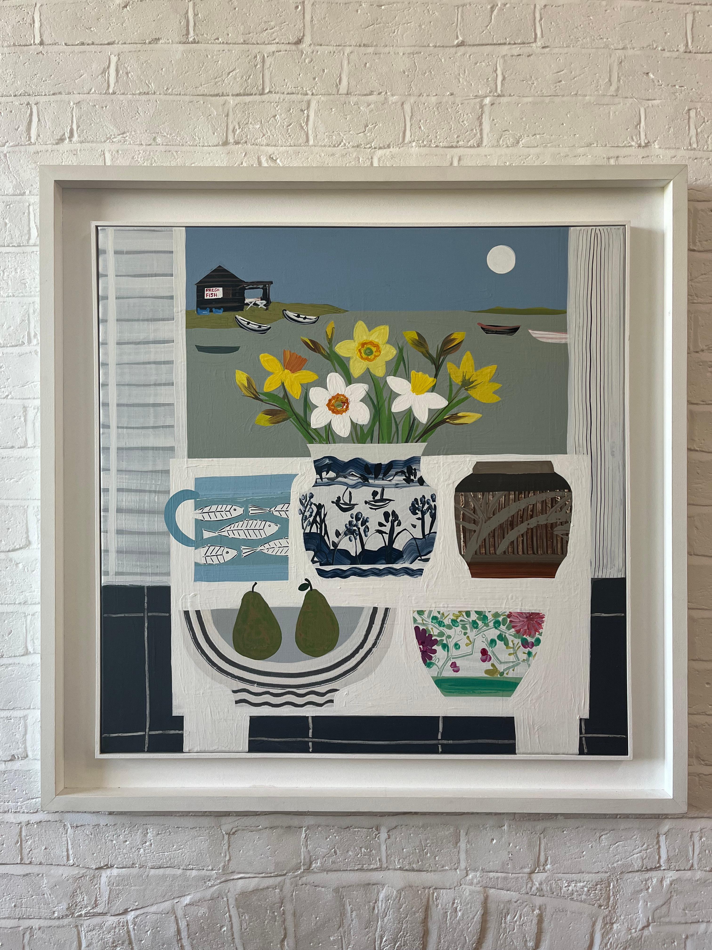 Large Modern British Still Life with Aldeburgh beyond - Contemporary Painting by Emma Williams