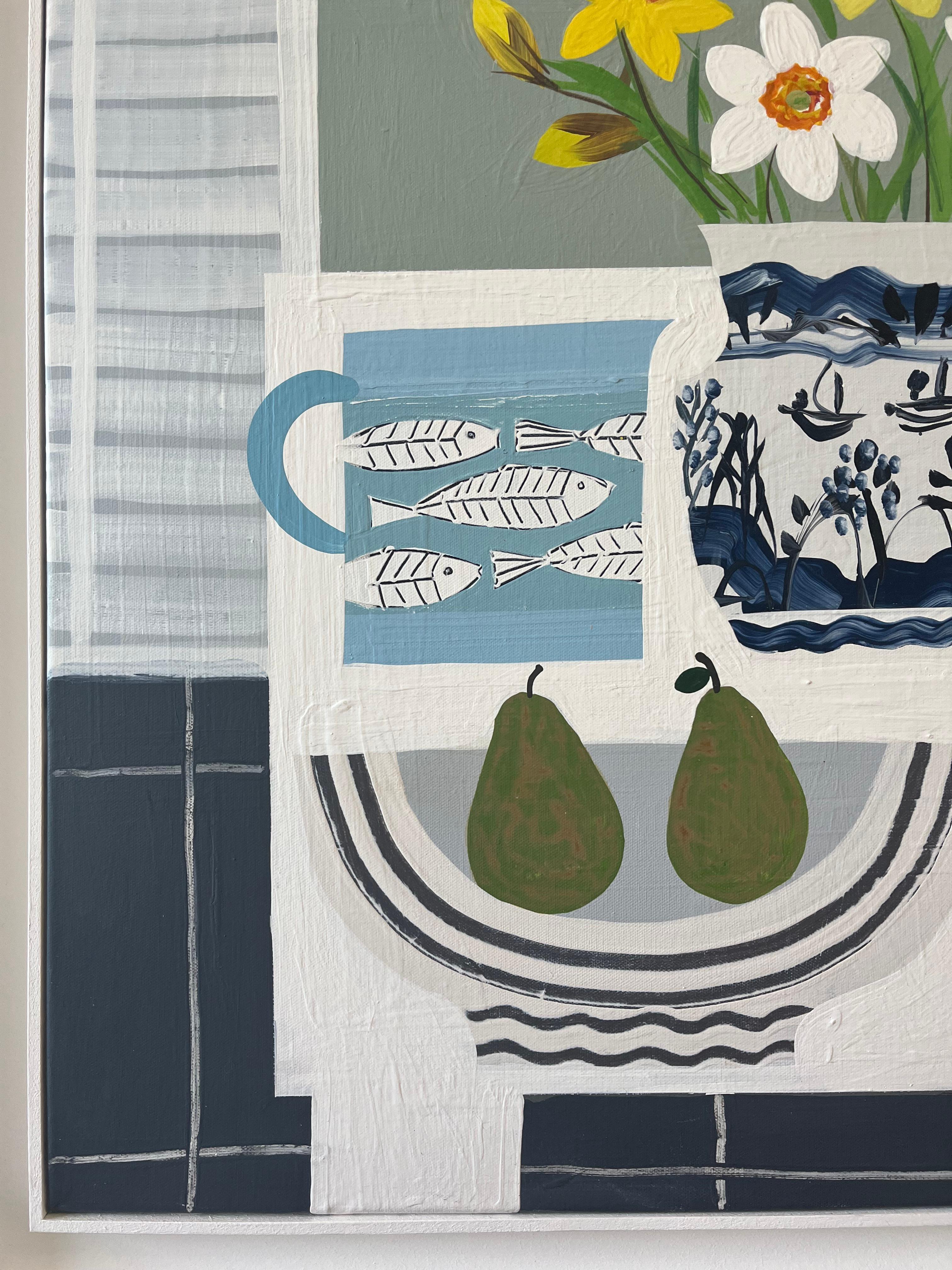 Large Modern British Still Life with Aldeburgh beyond - Gray Still-Life Painting by Emma Williams