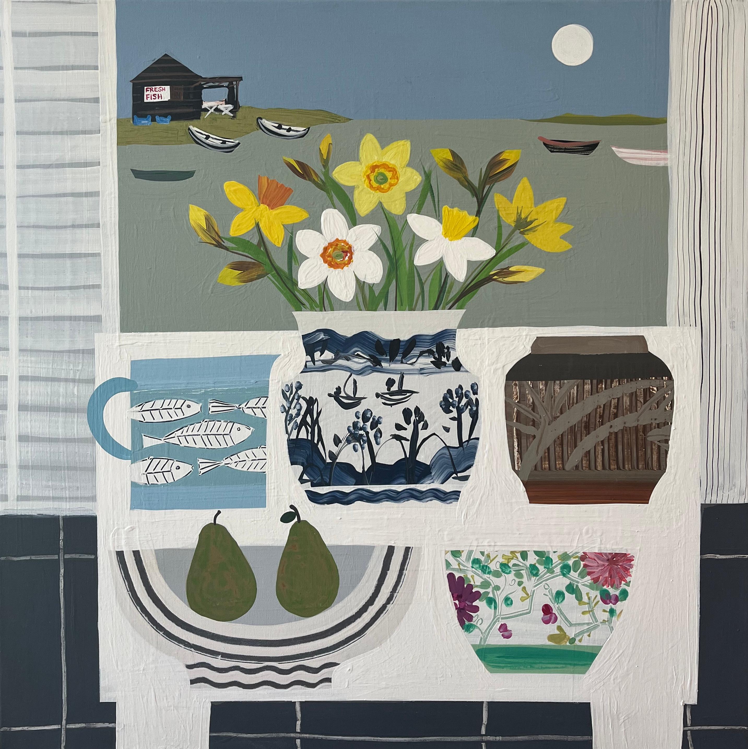A really eye catching and cheerful image by this very talented artist that brings to mind the work of Mary Fedden. Painted on a large scale,  this is an impact piece that looks stunning against a large expanse of wall, perhaps in a beach house or