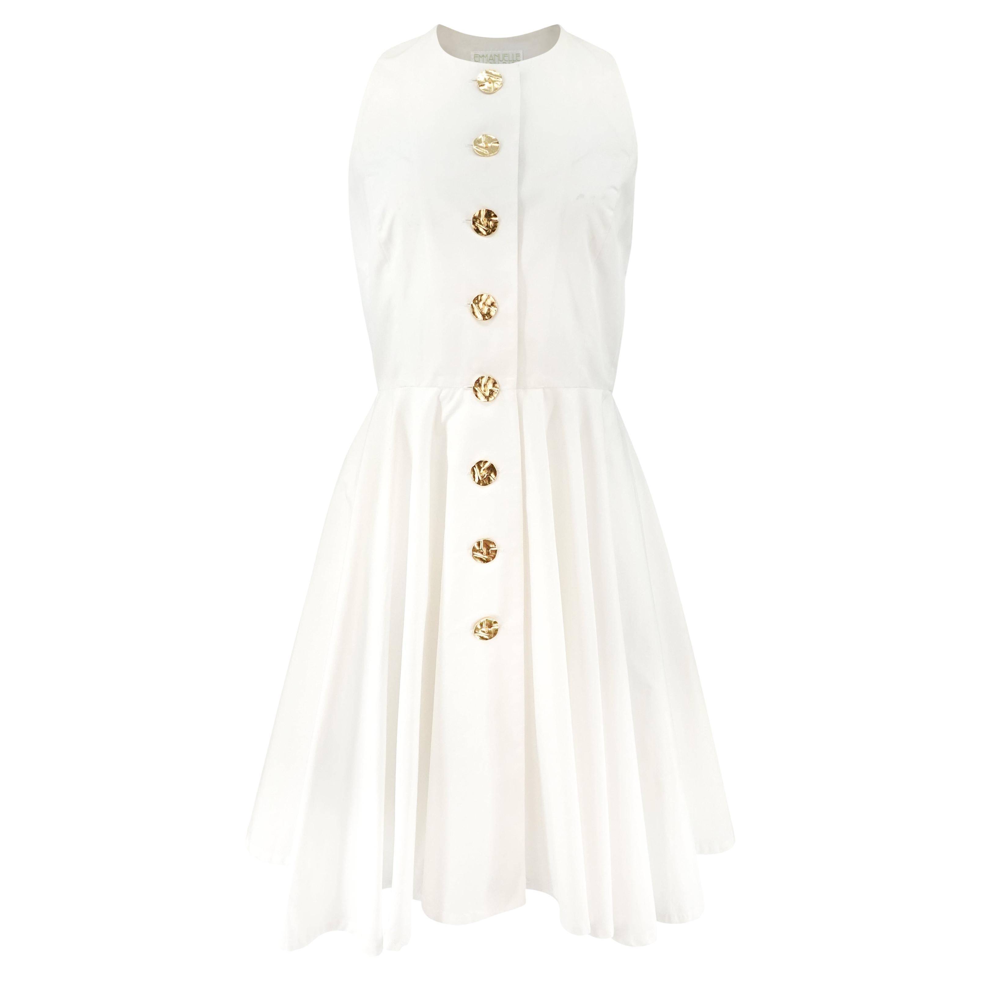 Emmanuelle Khanh 1990s Sleeveless White Cotton Poplin Gold Button-Front Dress