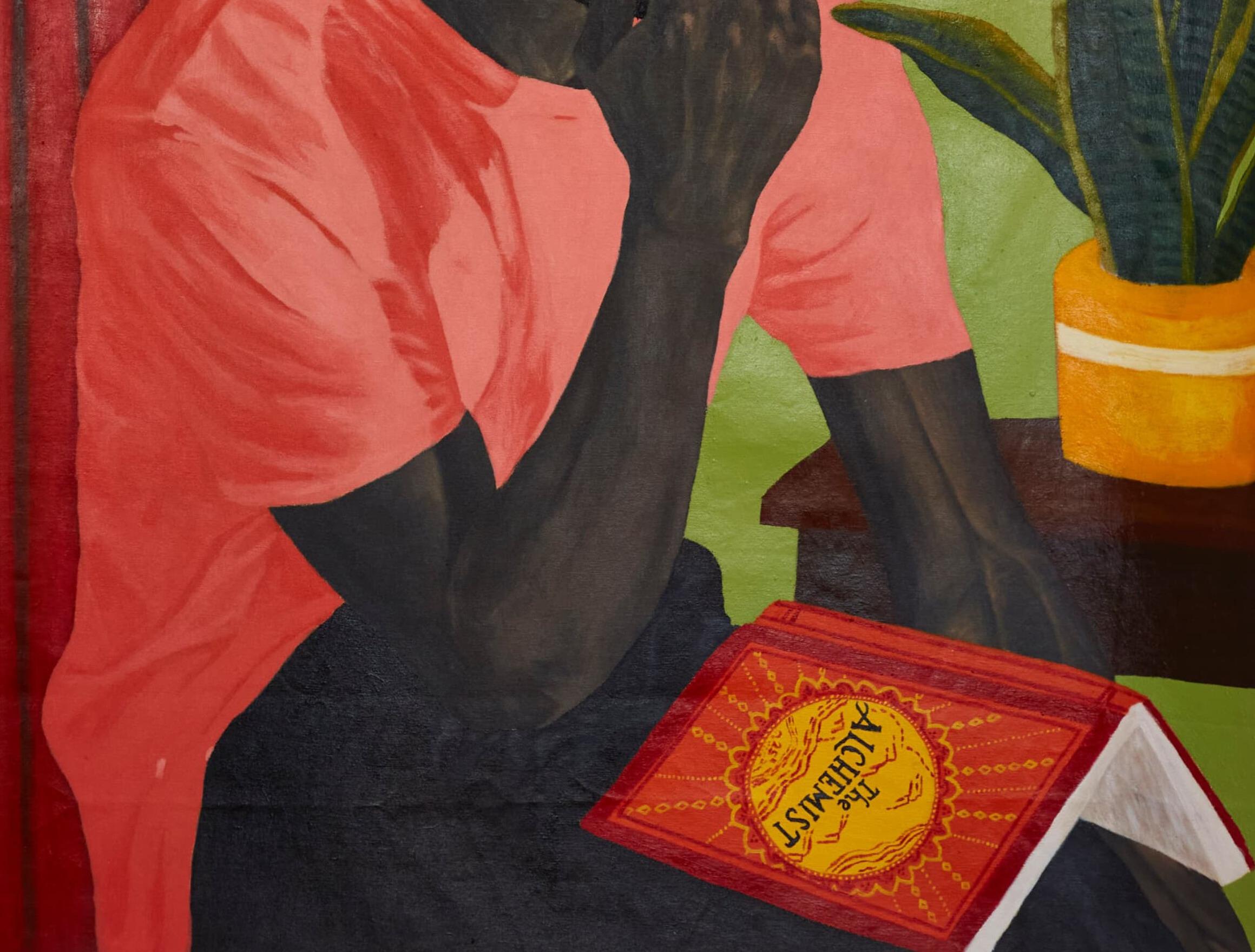 El Alquimista -Siglo XXI, Contemporáneo, Figurativo, África Hombre leyendo un libro - Portrait Painting Marrón de Emmanuel Aderiye