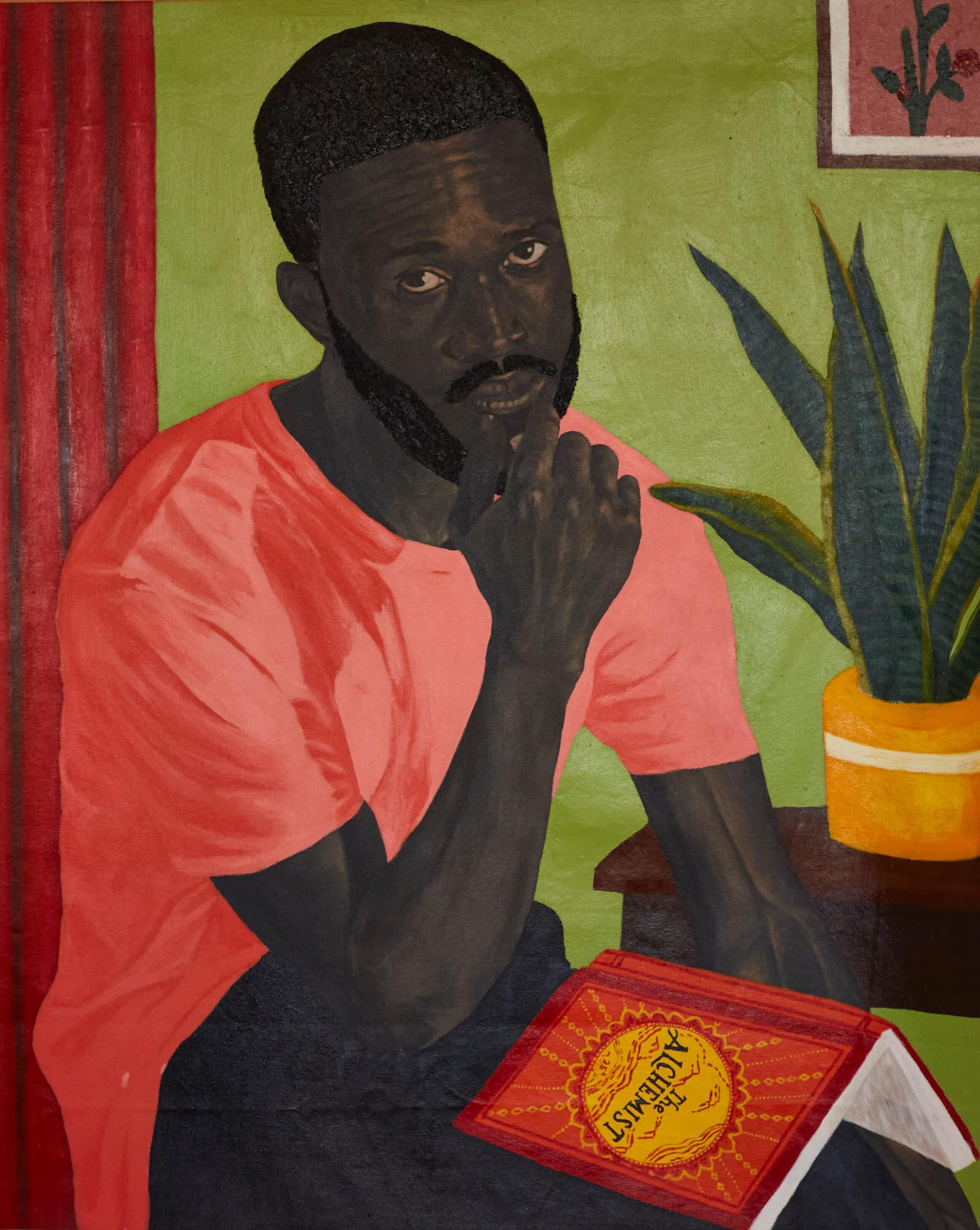 Portrait Painting de Emmanuel Aderiye - El Alquimista -Siglo XXI, Contemporáneo, Figurativo, África Hombre leyendo un libro