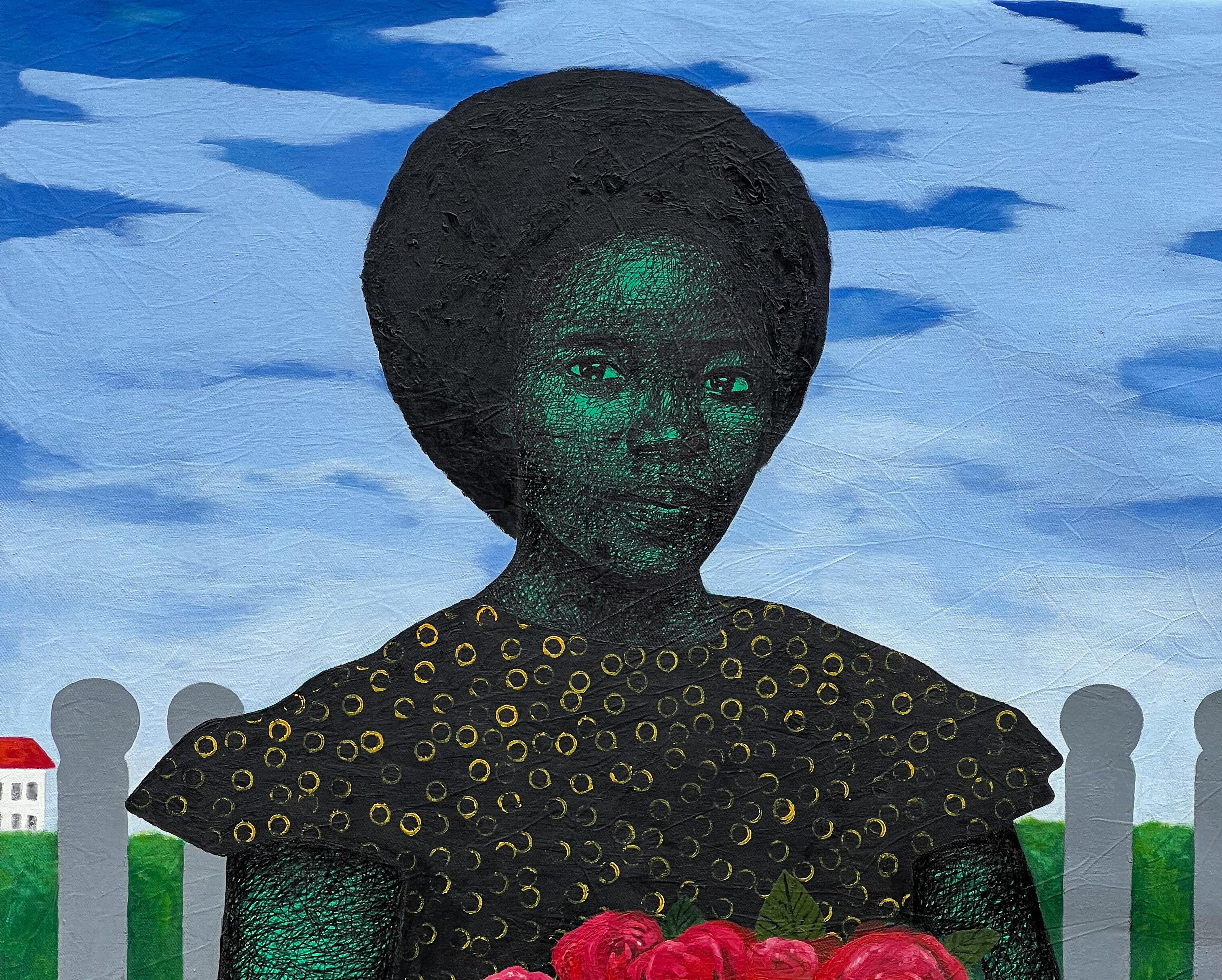 Virtuous Woman -21st Century, Contemporary, Figurative, Africa Woman with Flower - Painting by Emmanuel Aderiye