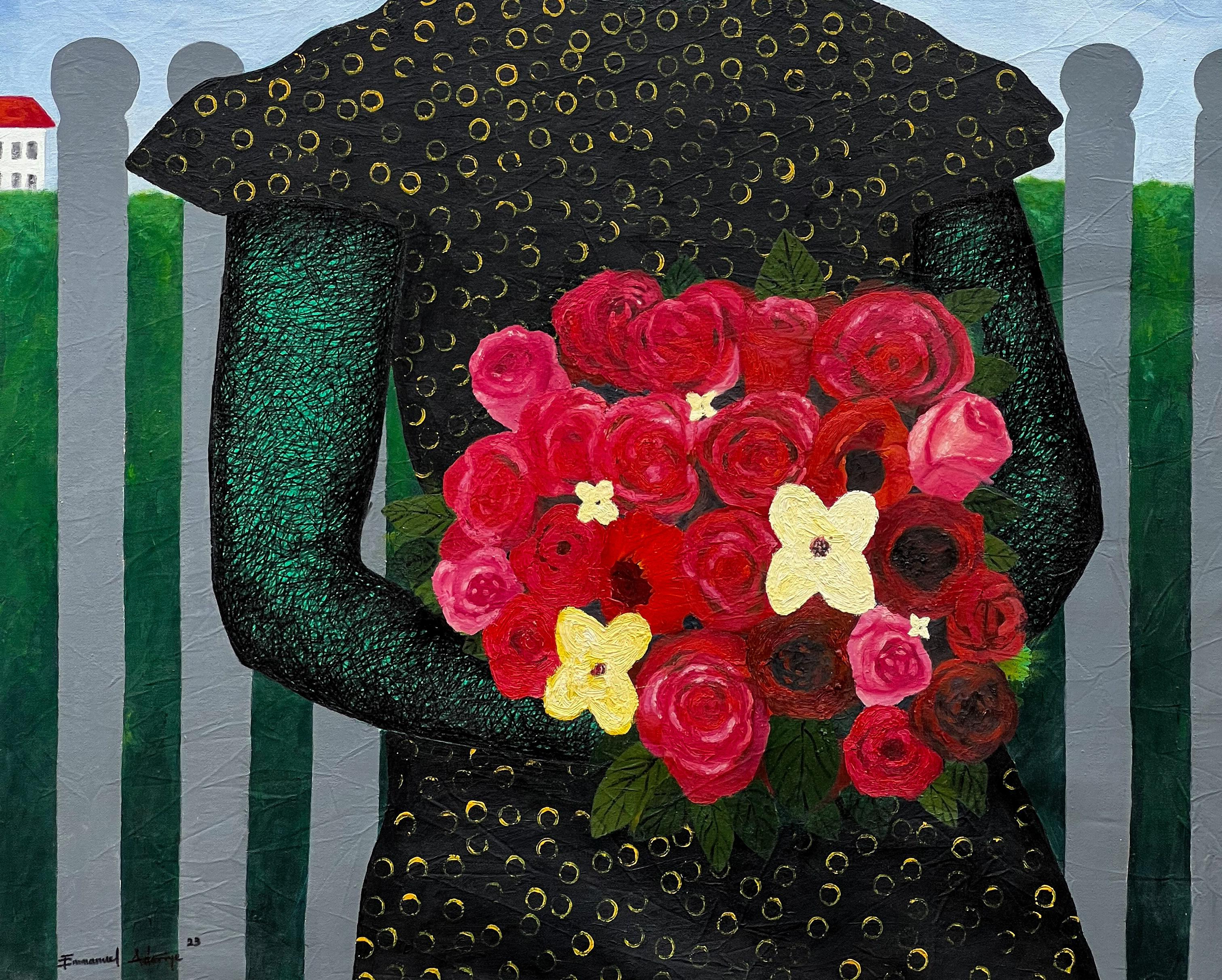 Virtuous Woman -21st Century, Contemporary, Figurative, Africa Woman with Flower - Expressionist Painting by Emmanuel Aderiye