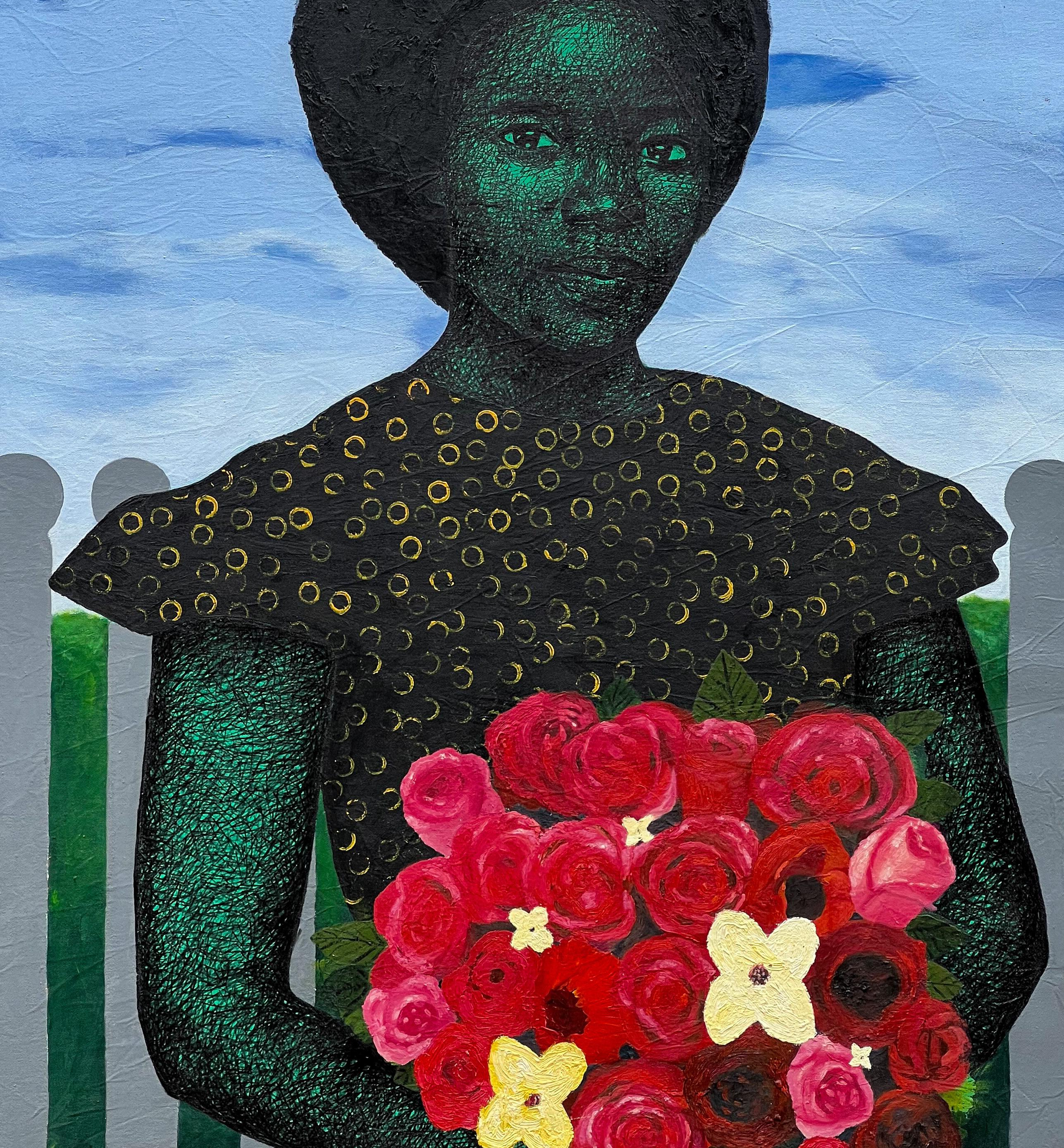 Virtuous Woman -21st Century, Contemporary, Figurative, Africa Woman with Flower - Black Figurative Painting by Emmanuel Aderiye