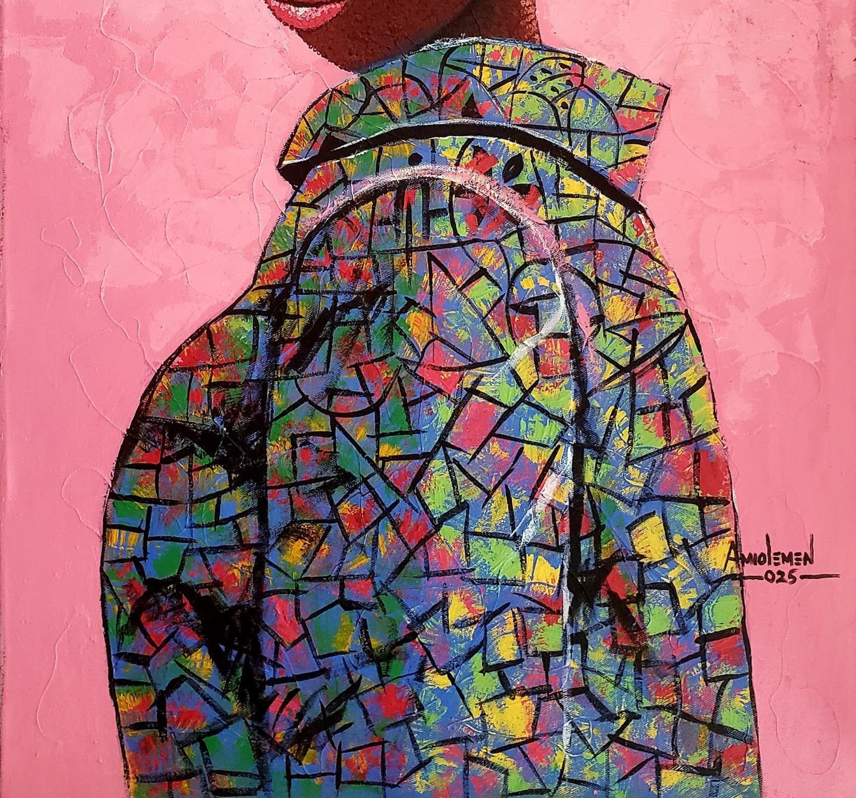 Groß, fett, schön - 21. Jahrhundert, Zeitgenössisch, Surrealismus, Porträt, Modern (Pink), Portrait Painting, von Emmanuel Amiolemen