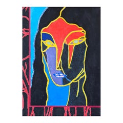"Testa di anione" Quadro di ritratto femminile contemporaneo colorato in rosso, blu e giallo