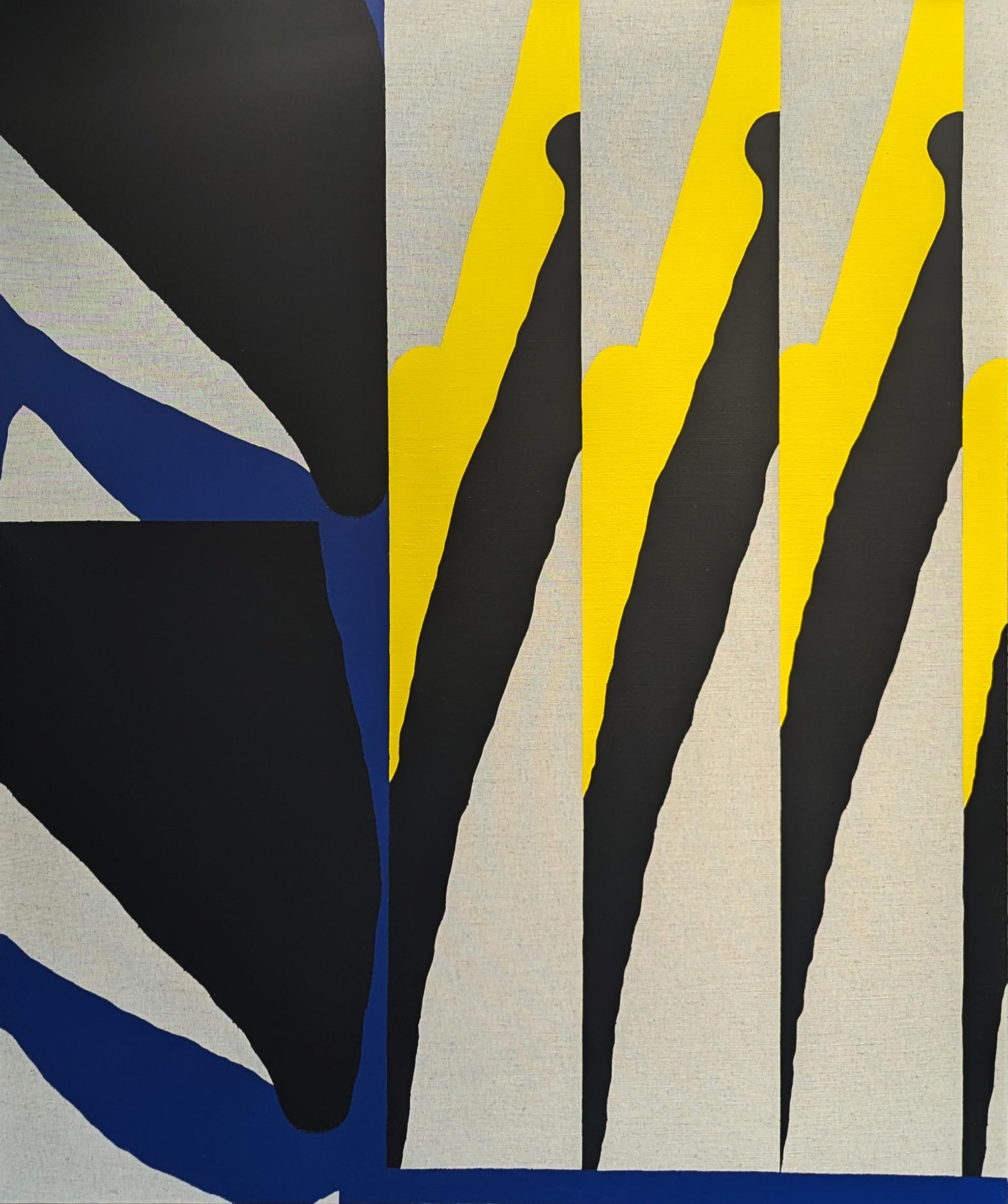 "Aviero" Pittura astratta geometrica contemporanea con bordi rigidi in blu, giallo e nero