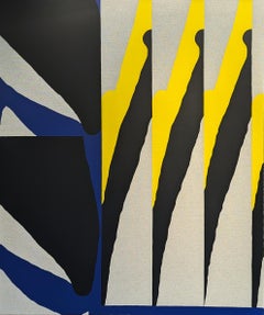 "Aviero" Pittura astratta geometrica contemporanea con bordi rigidi in blu, giallo e nero