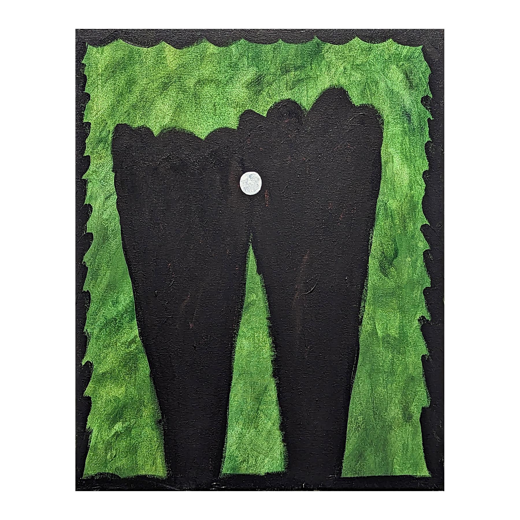 Contemporary abstract painting by local Houston artist Emmanuel Araujo. The work features a mysterious night scene of green and black foliage. Signed, titled, and dated on the reverse. Currently unframed, but options are available. 

Artist
