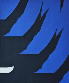 "Circulet 3" Pittura astratta geometrica contemporanea blu e nera con bordi rigidi