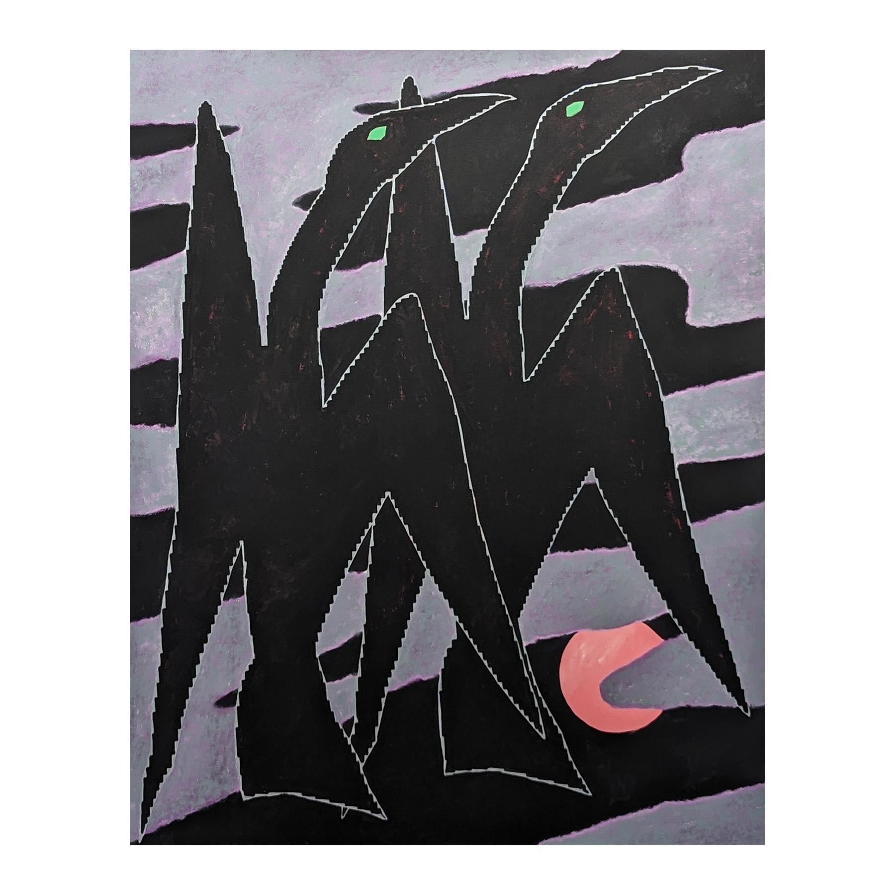 Contemporary abstract painting by local Houston artist Emmanuel Araujo. The work features a pair of birds with green eyes flying over purple and black toned water. Signed, titled, and dated on the reverse. Currently unframed, but options are