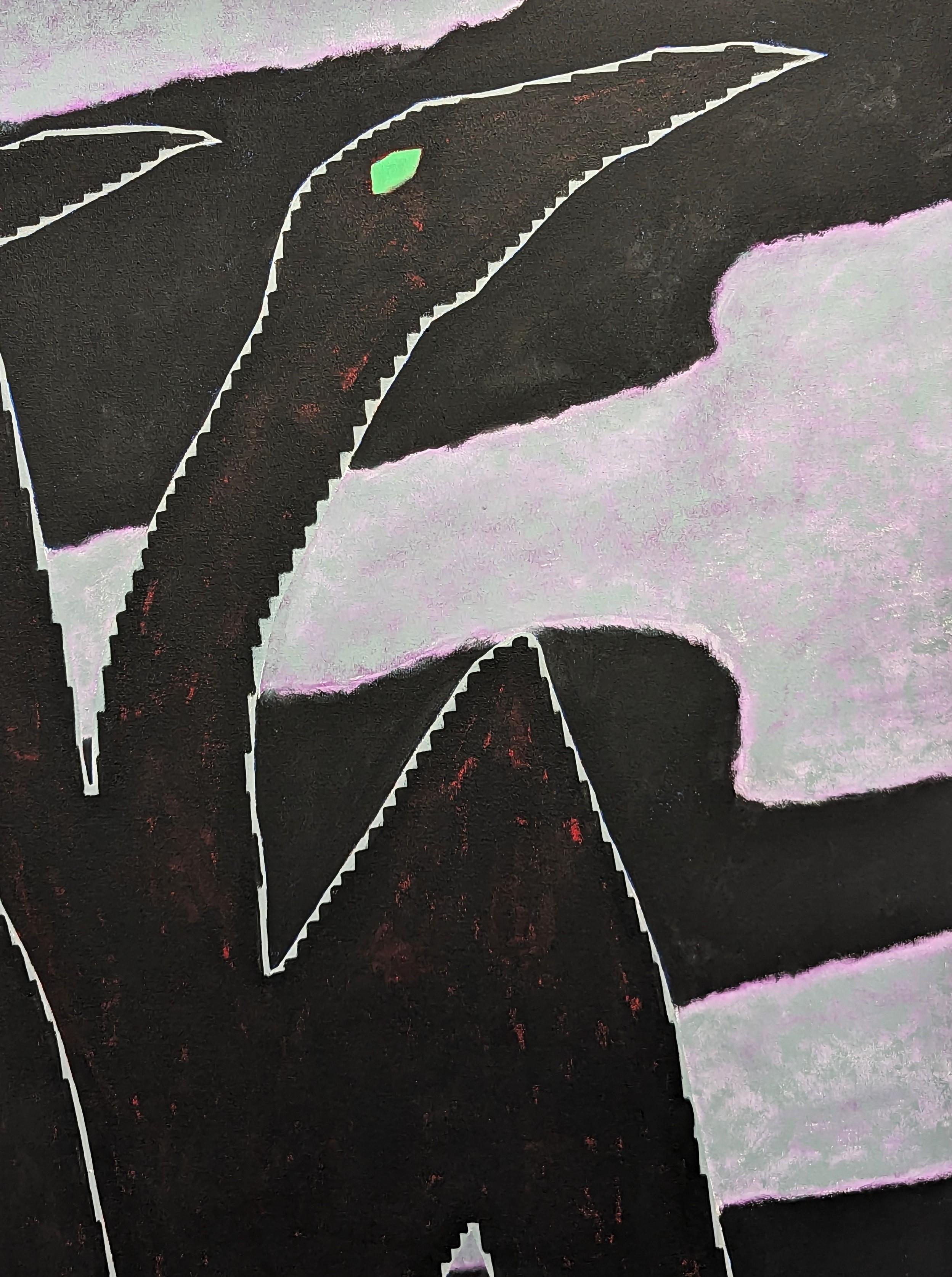 Peinture abstraite contemporaine de l'artiste local de Houston Emmanuel Araujo. L'œuvre représente un couple d'oiseaux aux yeux verts volant au-dessus d'une eau aux tons violets et noirs. Signé, titré et daté au verso. Actuellement non encadré, mais