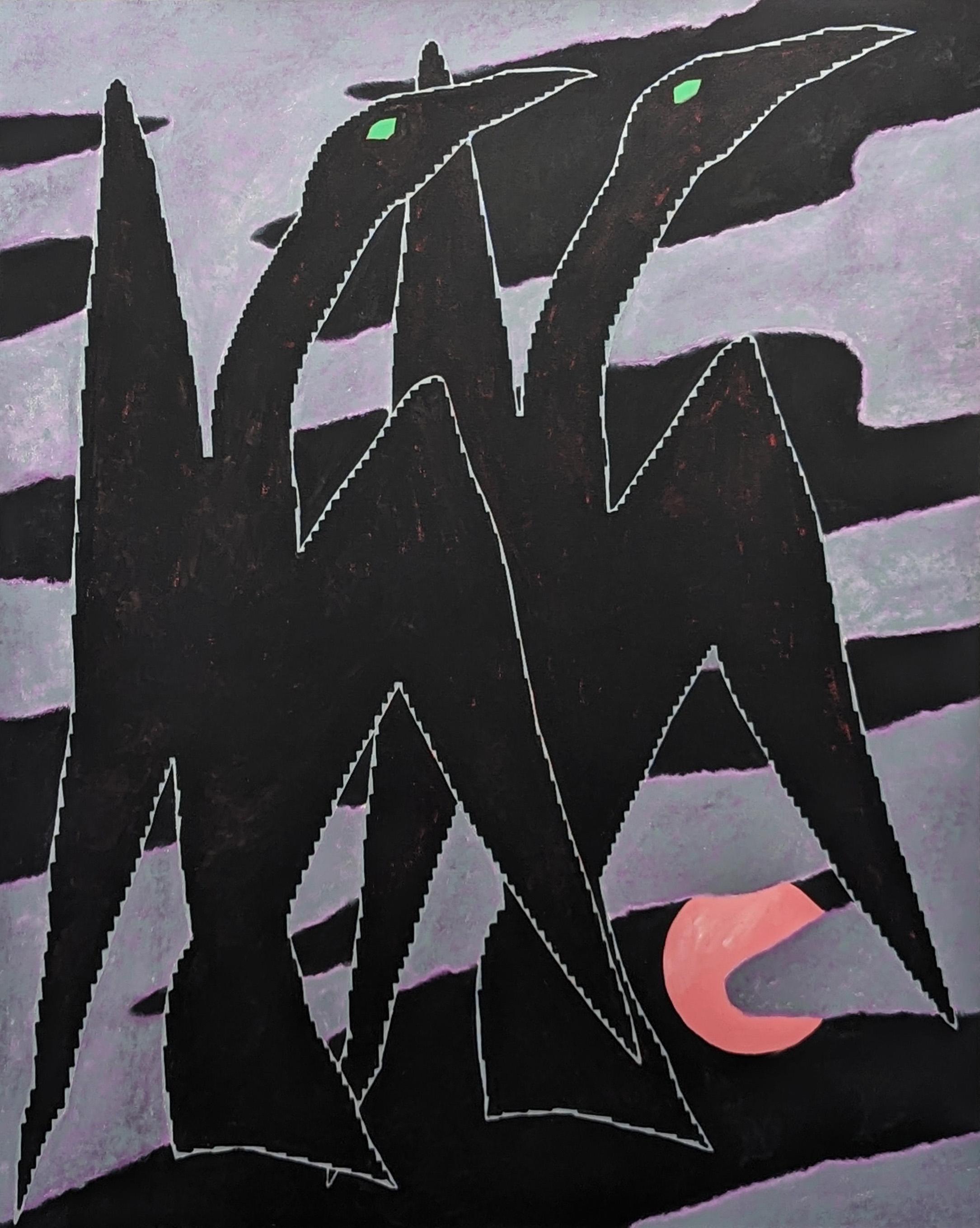 Animal Painting Emmanuel Araujo - "Cormoran" Peinture abstraite géométrique contemporaine d'oiseaux violets et noirs