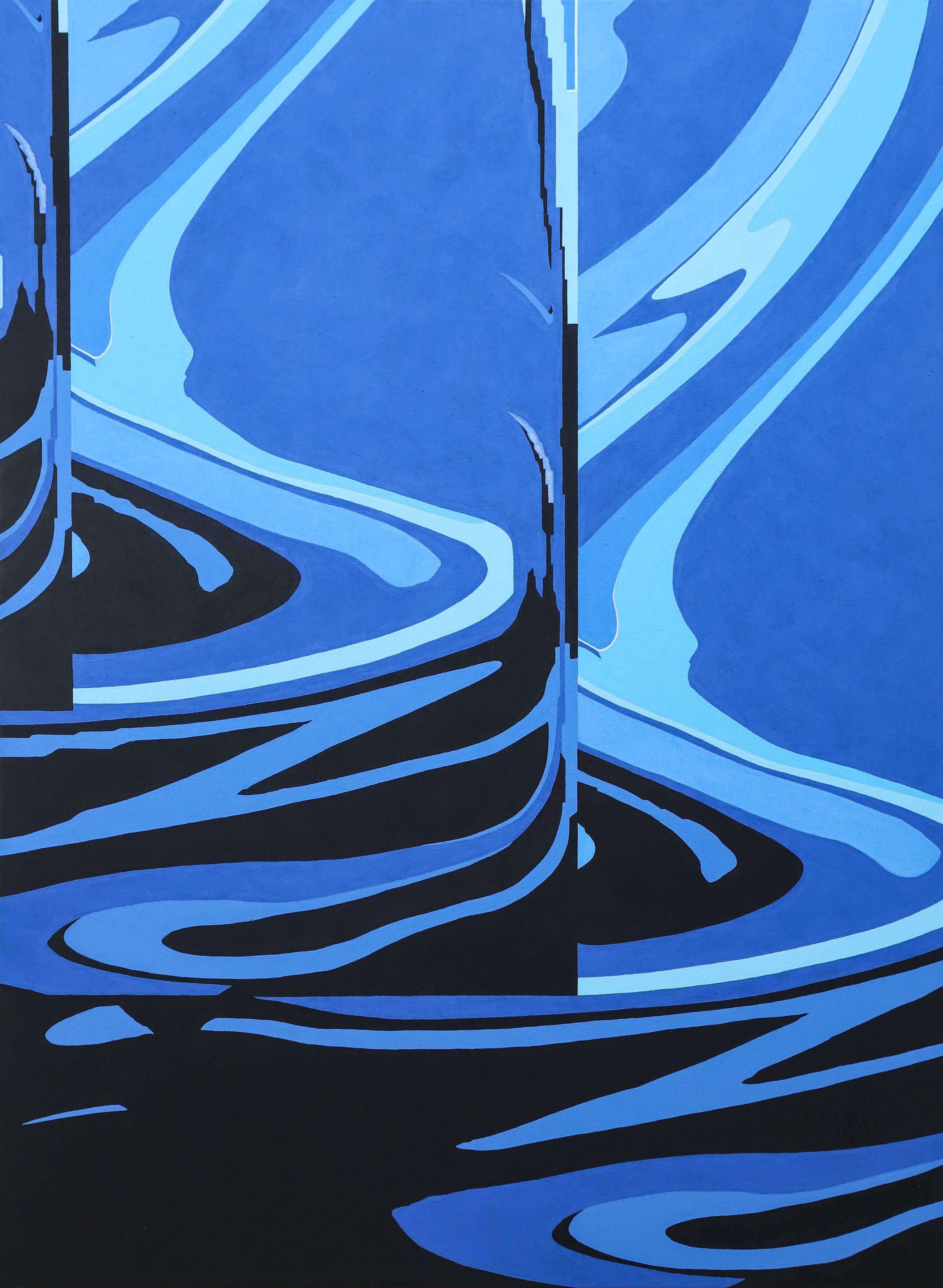 Abstract Painting di Emmanuel Araujo - "Hycean Replicants" Pittura astratta contemporanea geometrica con toni blu e bordi rigidi