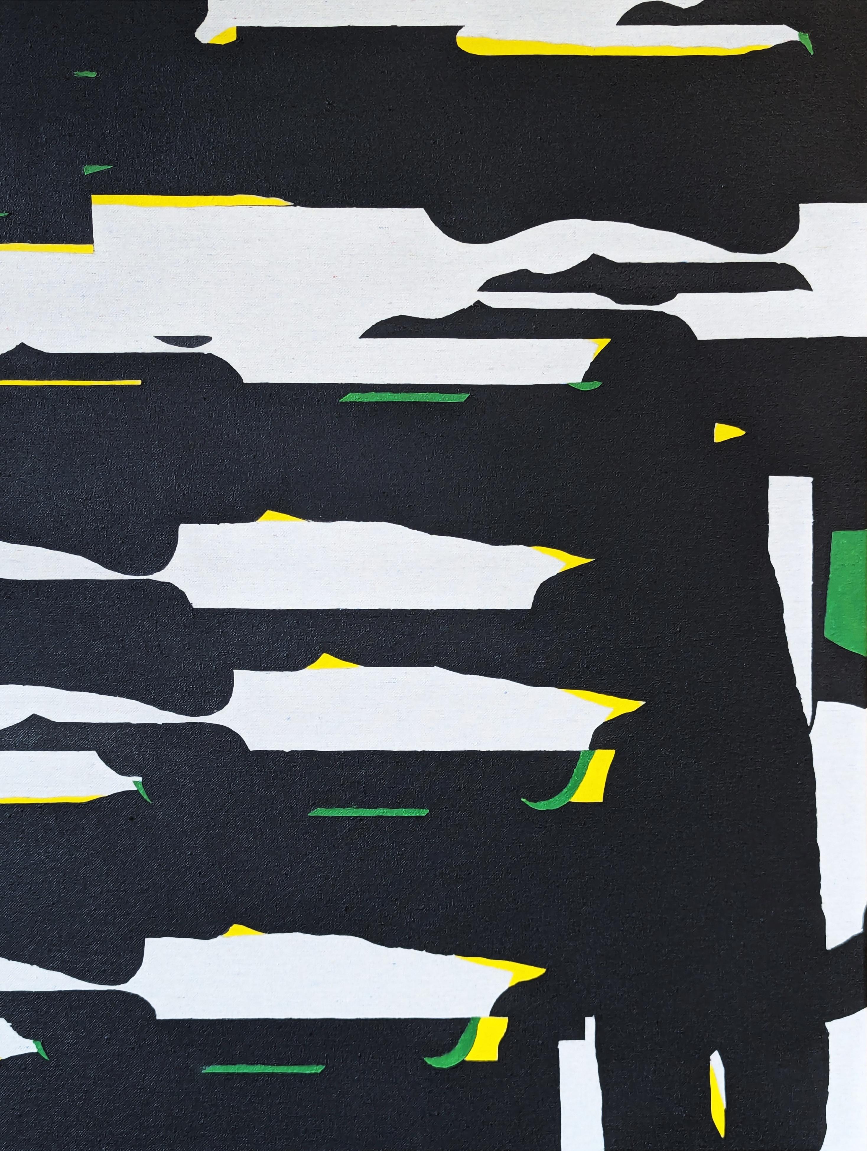 Pittura astratta contemporanea dell'artista di Houston Emmanuel Araujo. L'opera presenta un motivo geometrico in bianco e nero con accenti di giallo e verde. Firmato, intitolato e datato sul retro. Attualmente non è incorniciato, ma sono disponibili