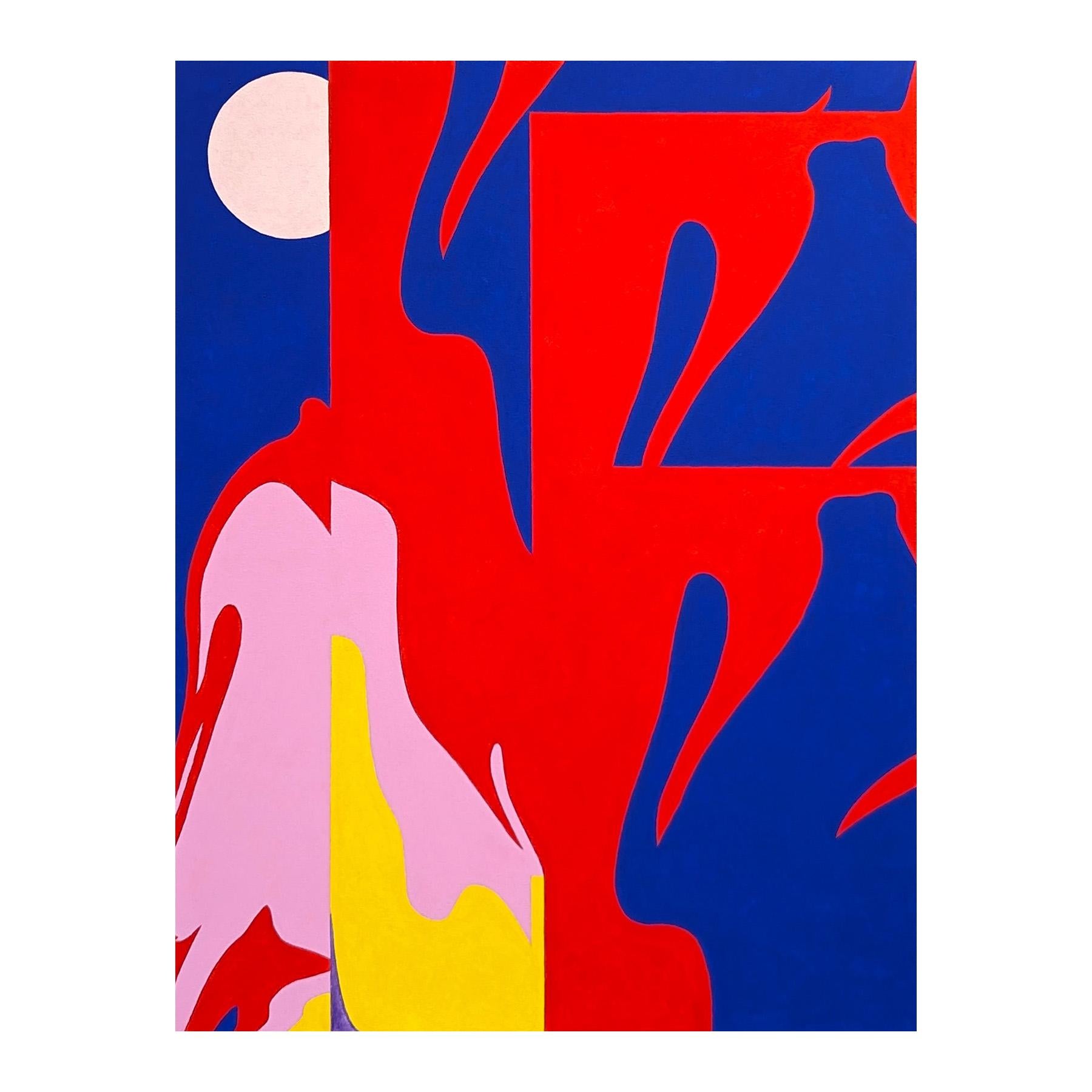 Contemporary abstract painting by local Houston artist Emmanuel Araujo. The work features swirling bursts of color in blue, red, pink, and yellow. Signed, titled, and dated on the reverse. Currently unframed, but options are available. 

Artist