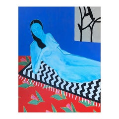 "Sleep" Contemporary Colorful Blue and Red Reclining Nude Female Figure Painting