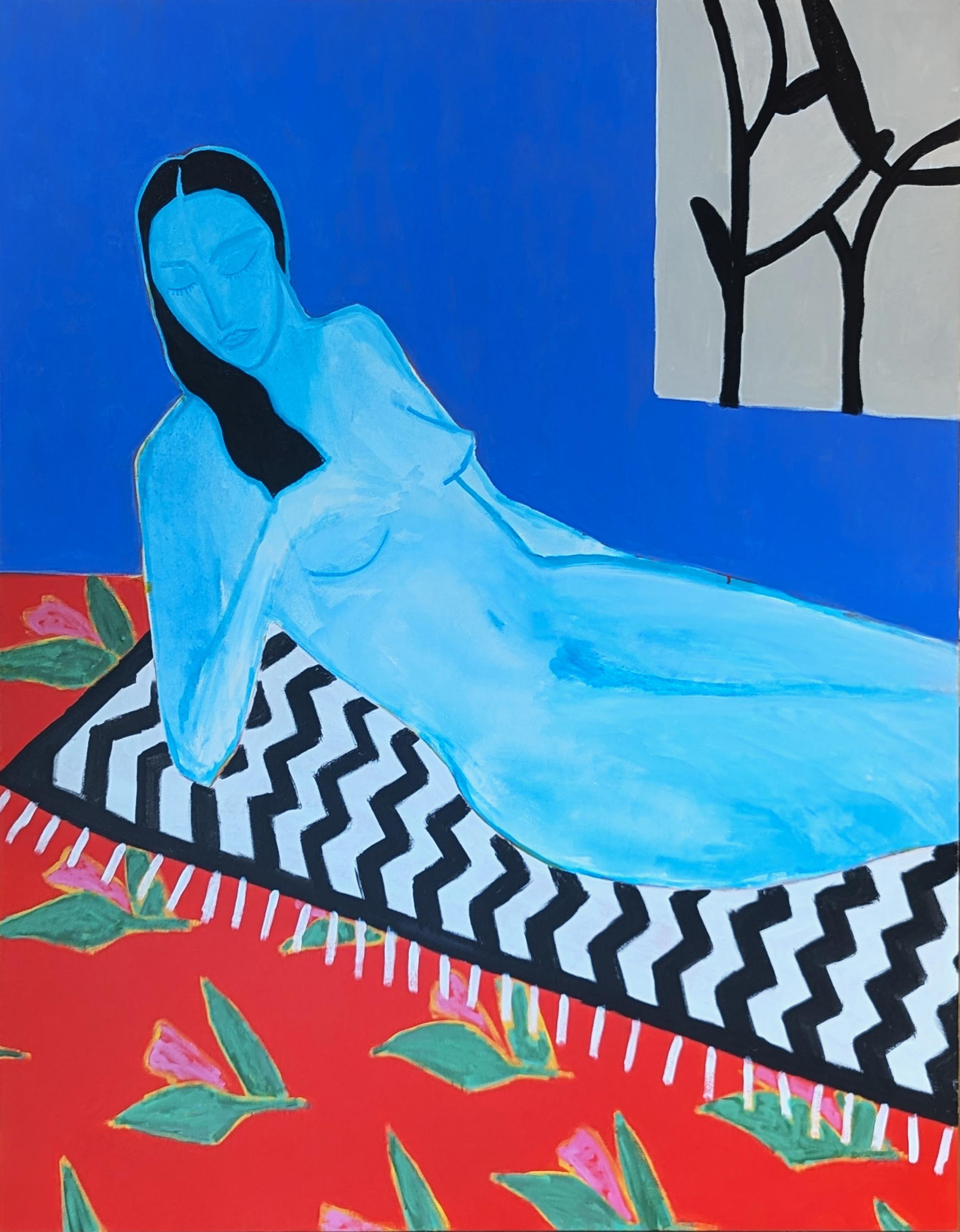 Figurative Painting di Emmanuel Araujo - "Sonno" Pittura contemporanea colorata blu e rossa con figura femminile reclinata