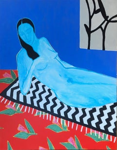"Dormir" Pintura contemporánea de figuras femeninas desnudas reclinadas de colores azul y rojo