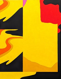 "Spark" Peinture abstraite contemporaine colorée jaune et rouge géométrique à bords durs.