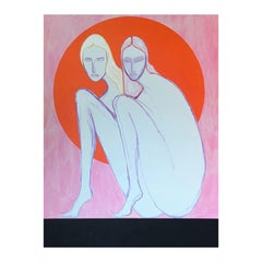 "Sun" Contemporary Colorful Pink and Orange Nude Female Figures Painting