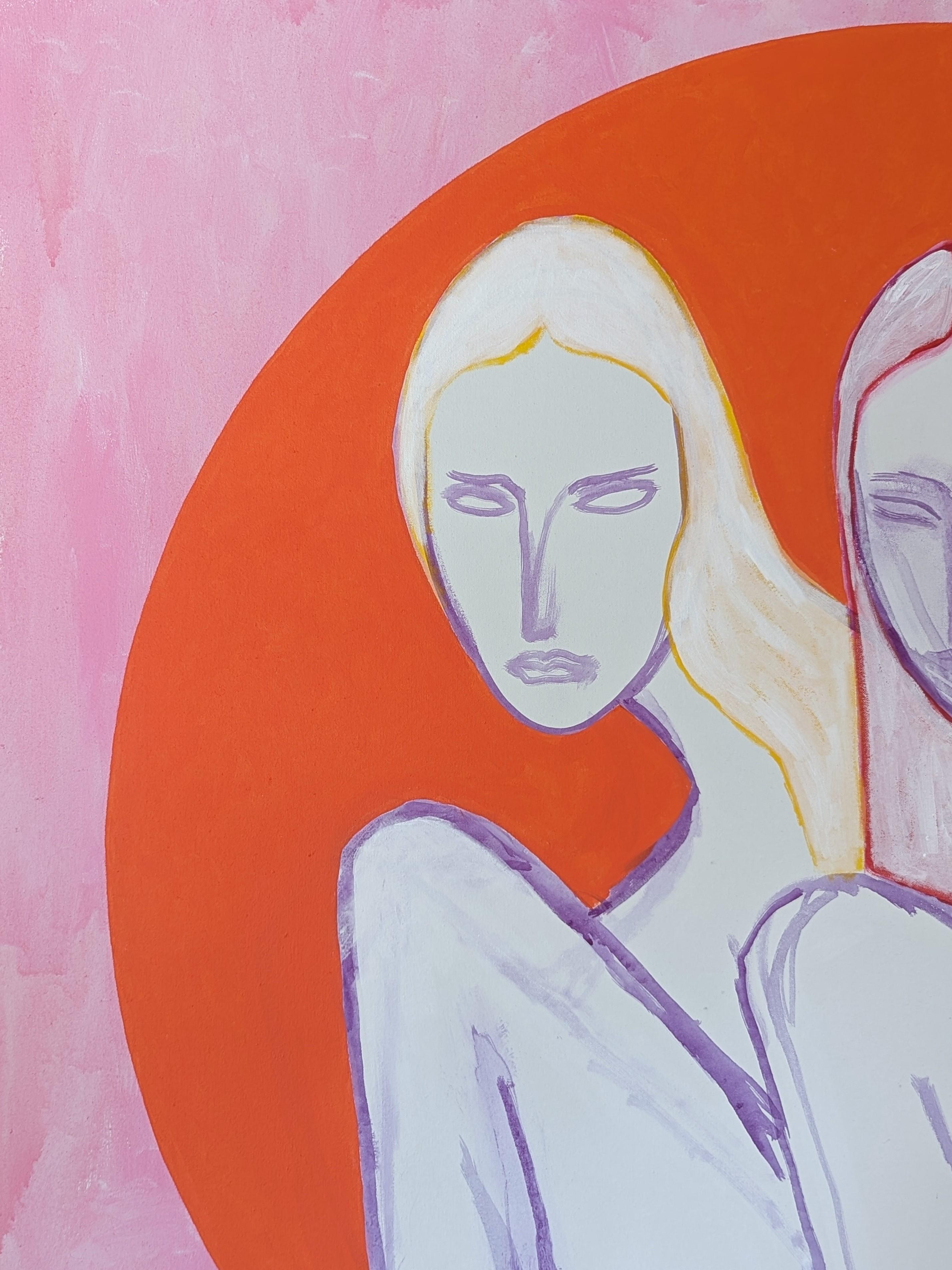 Contemporary colorful abstract painting by Houston artist Emmanuel Araujo. The work features a pair of nude crouching women set against an orange sun and pink background. Signed, titled, and dated on the reverse. Currently unframed, but options are
