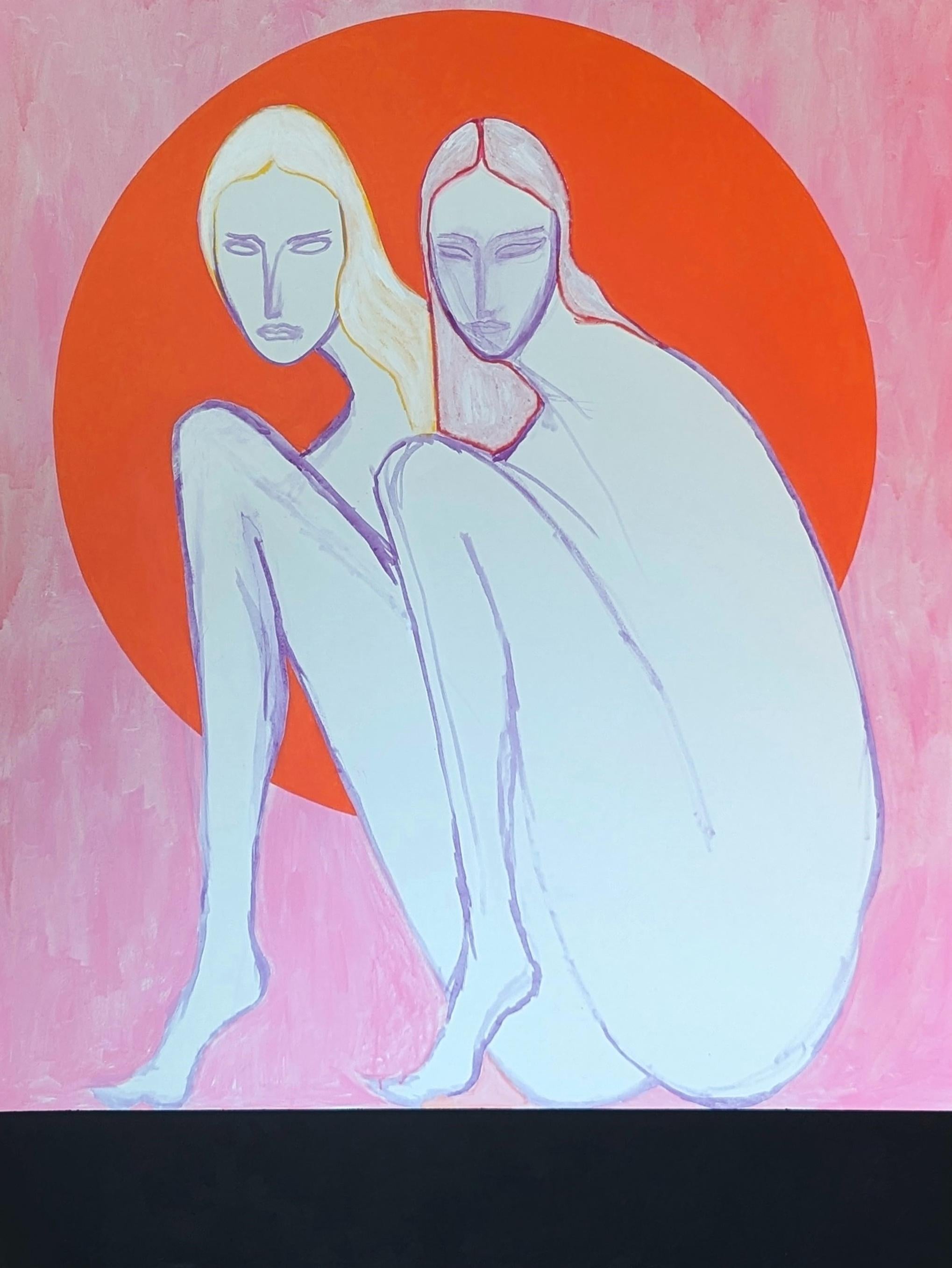 Emmanuel Araujo Figurative Painting - "Sun" Contemporary Colorful Pink and Orange Nude Female Figures Painting