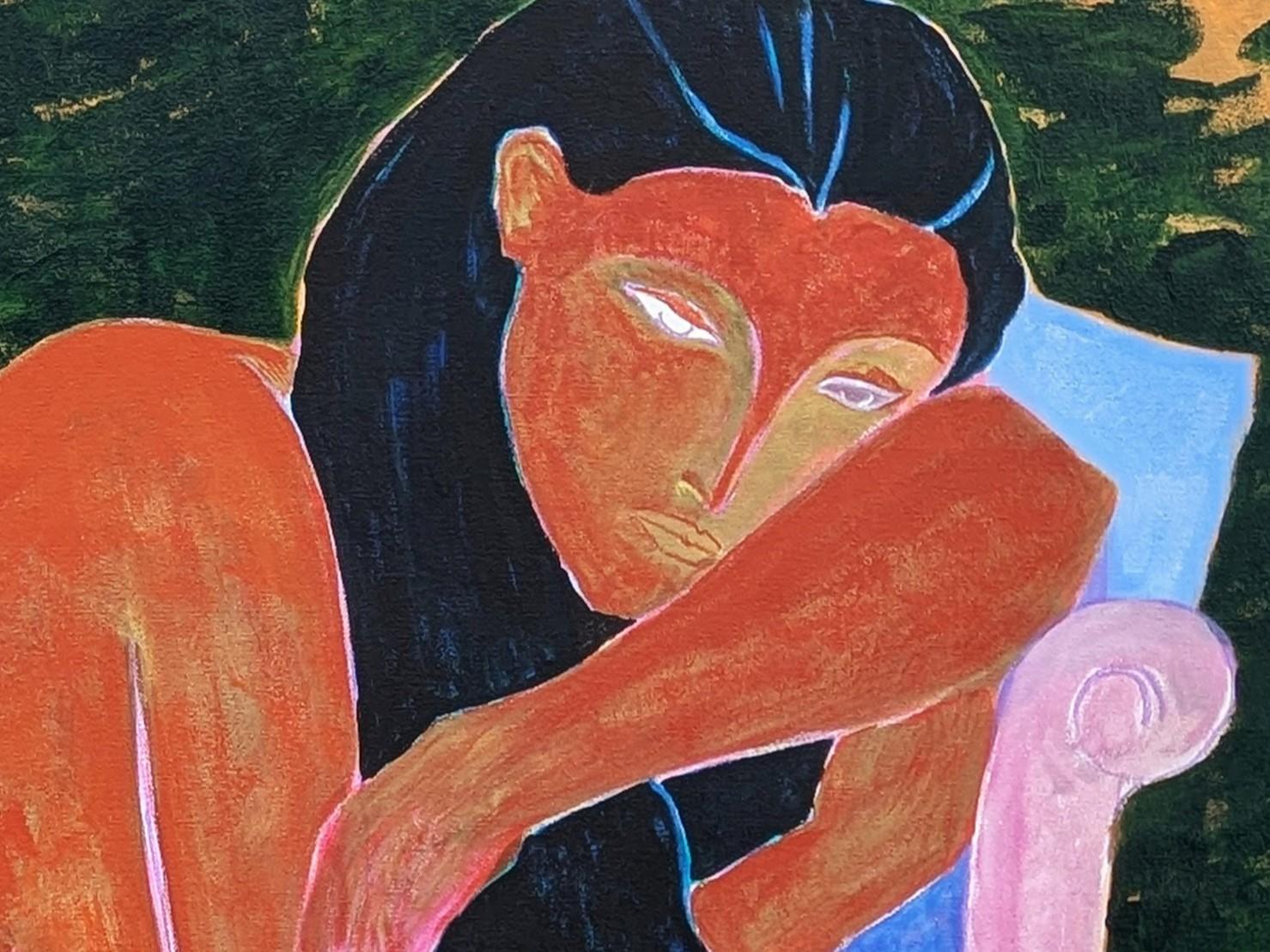 Pintura abstracta contemporánea llena de color del artista de Houston Emmanuel Araujo. La obra presenta una figura femenina desnuda recostada en una tumbona rosa frente a una ventana estampada. Firmado, titulado y fechado en el reverso. Actualmente