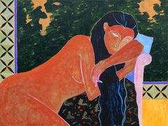 "Gracia Violeta" Pintura contemporánea de figura femenina desnuda reclinada de colores