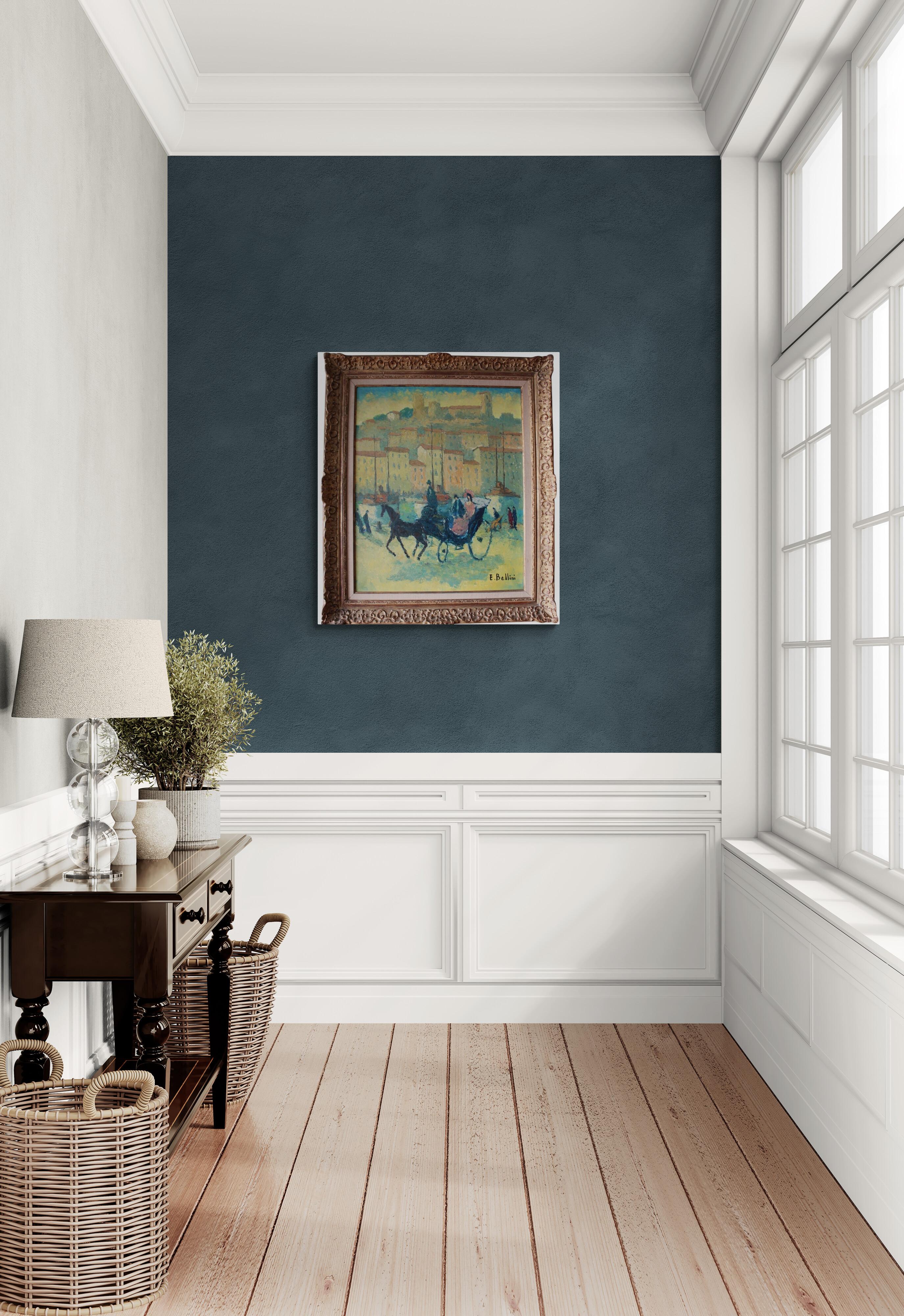Grand paysage/peinture à l'huile figurative cheval et chariot d' Emmanuel Bellini 2