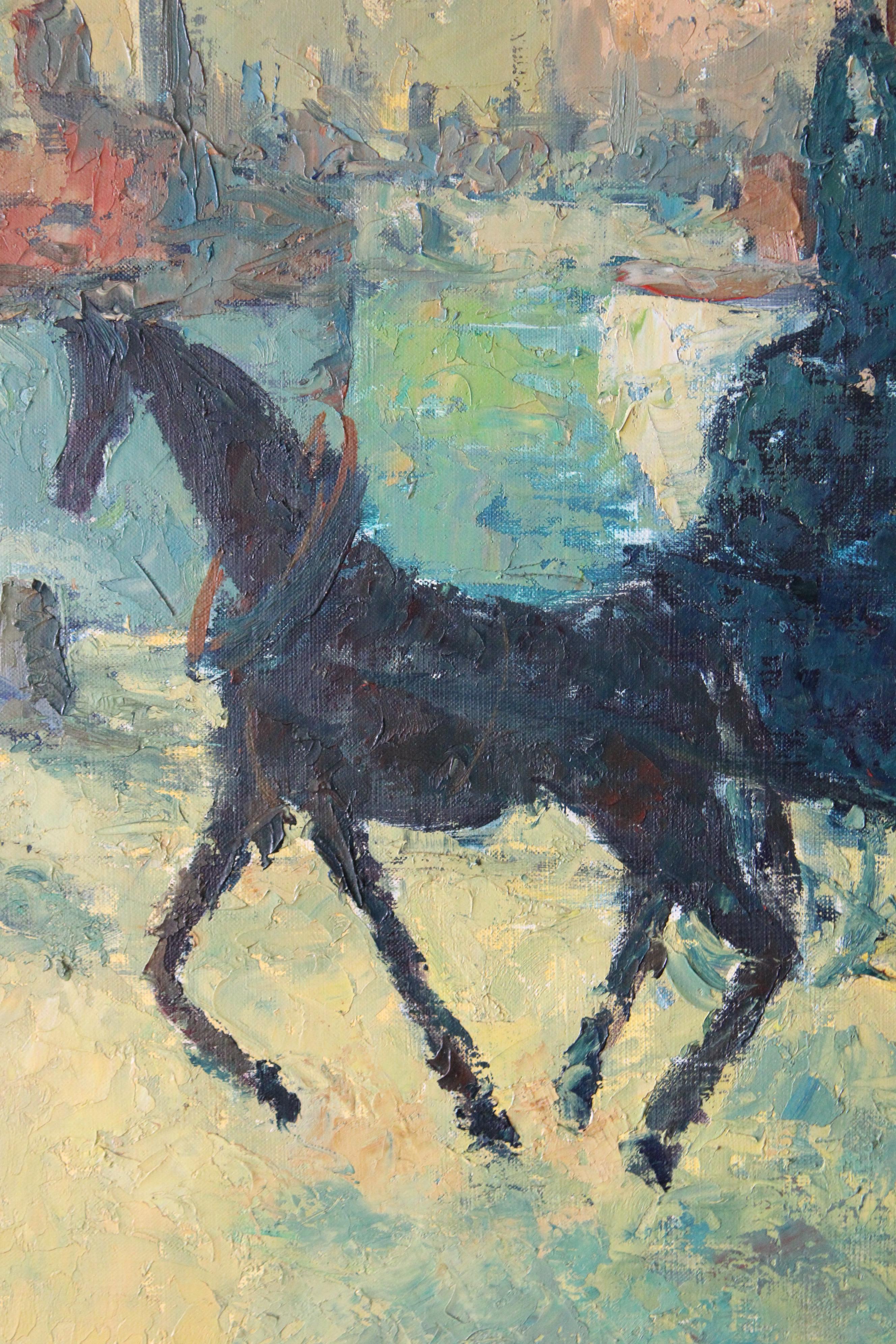 Grand paysage/peinture à l'huile figurative cheval et chariot d' Emmanuel Bellini 11