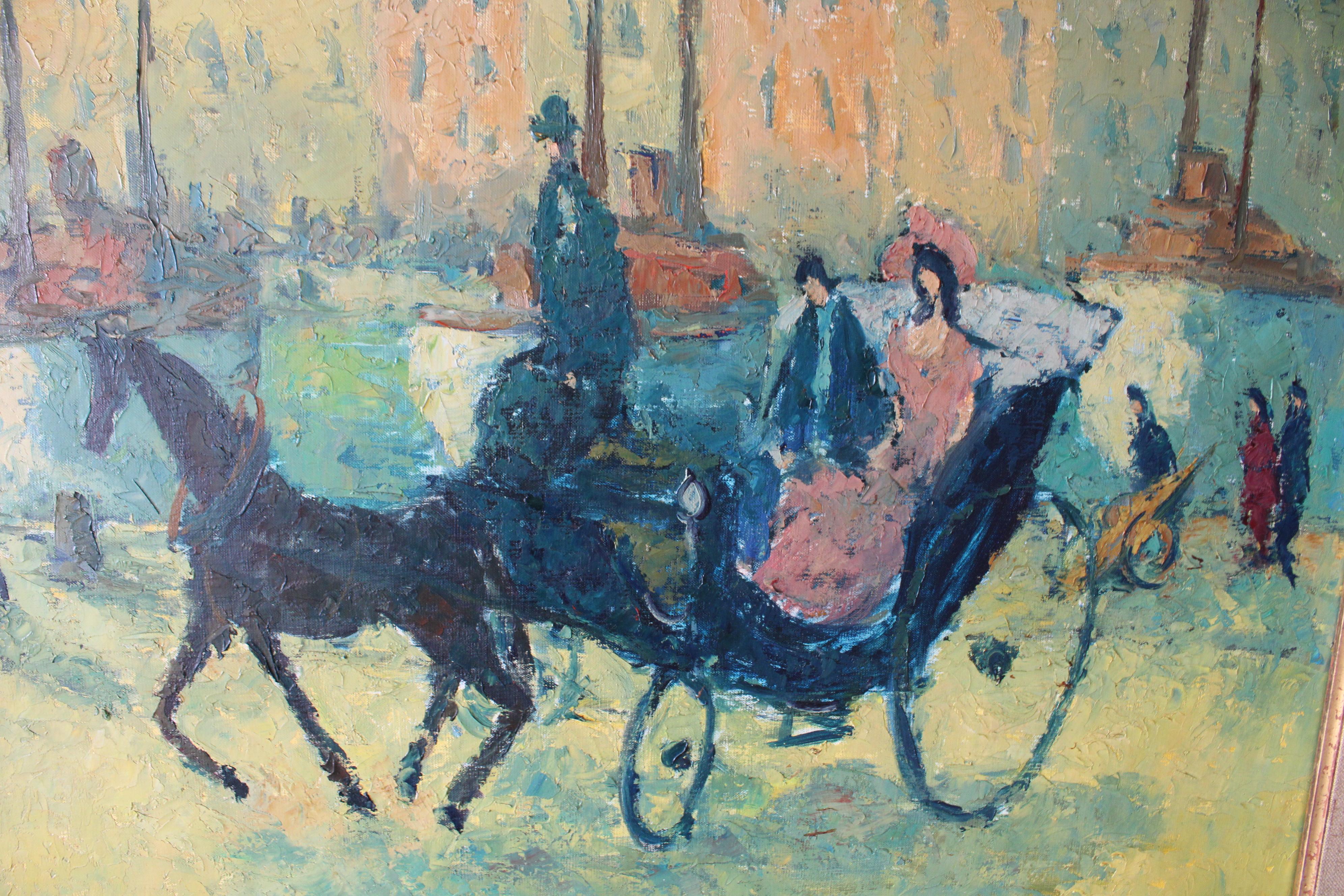 Grand paysage/peinture à l'huile figurative cheval et chariot d' Emmanuel Bellini 13