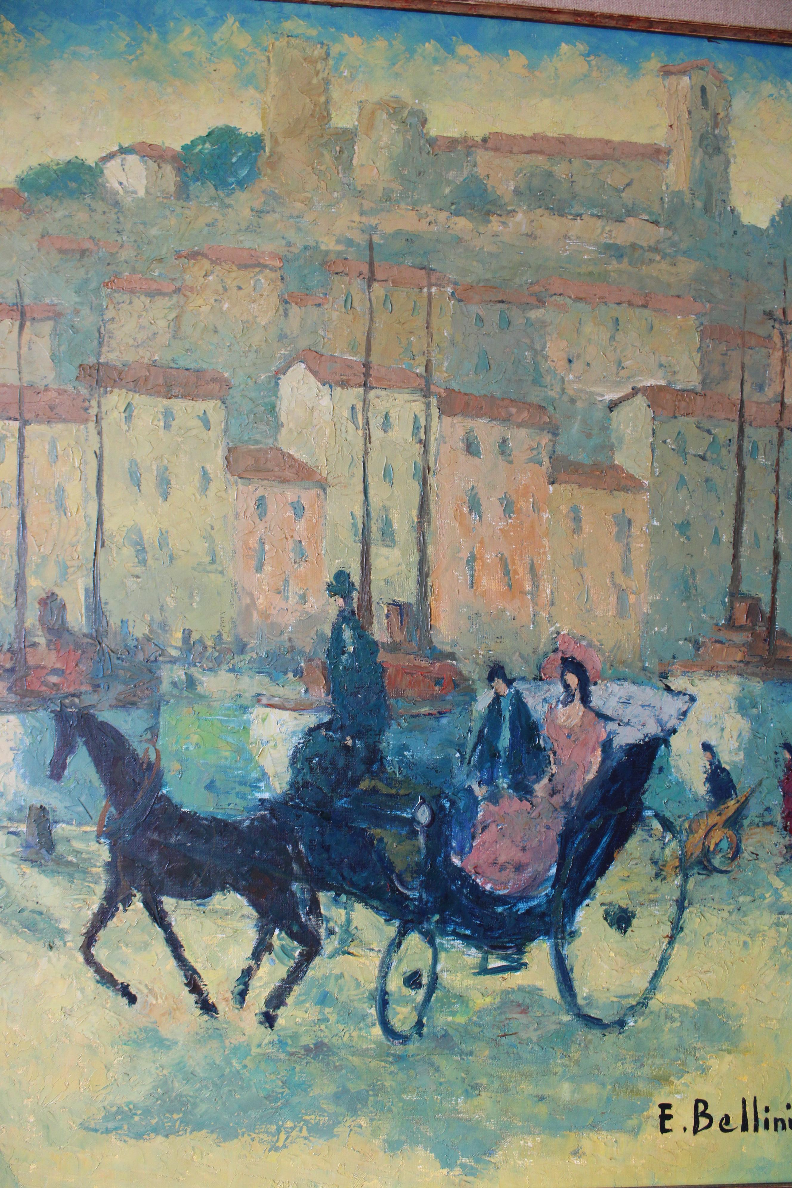 Grand paysage/peinture à l'huile figurative cheval et chariot d' Emmanuel Bellini 14