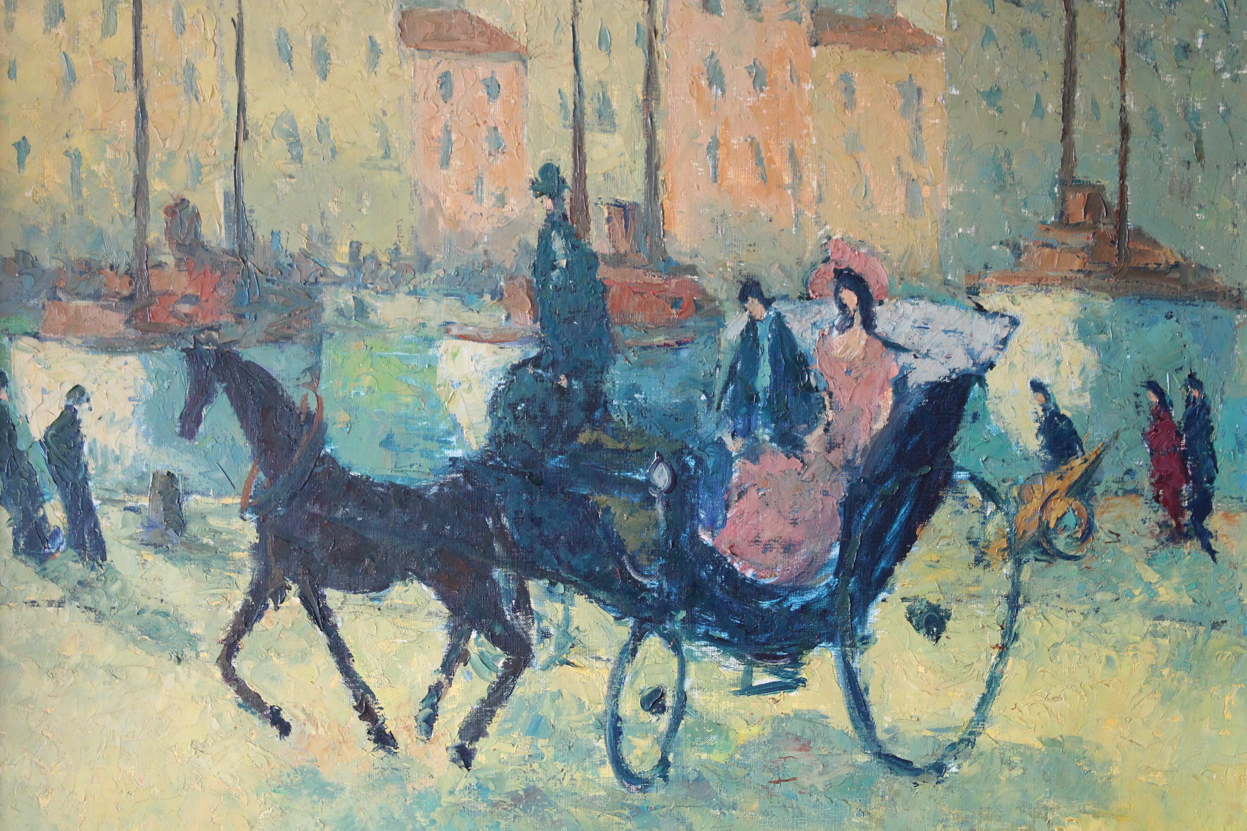 Grand paysage/peinture à l'huile figurative cheval et chariot d' Emmanuel Bellini 1